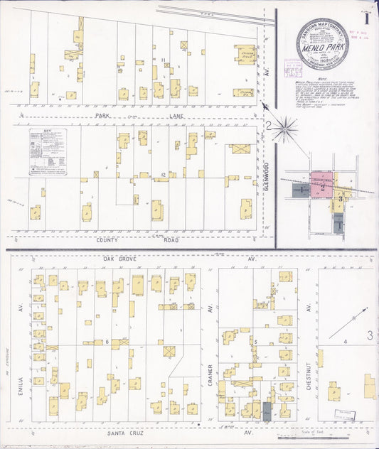 Sanborn Fire Insurance Map from Menlo Park, San Mateo County, California (1908), Sheet #0001 - Historic Sanborn Fire Insurance Map Print, vintage old map wall art, antique decor, genealogy gift, California California map