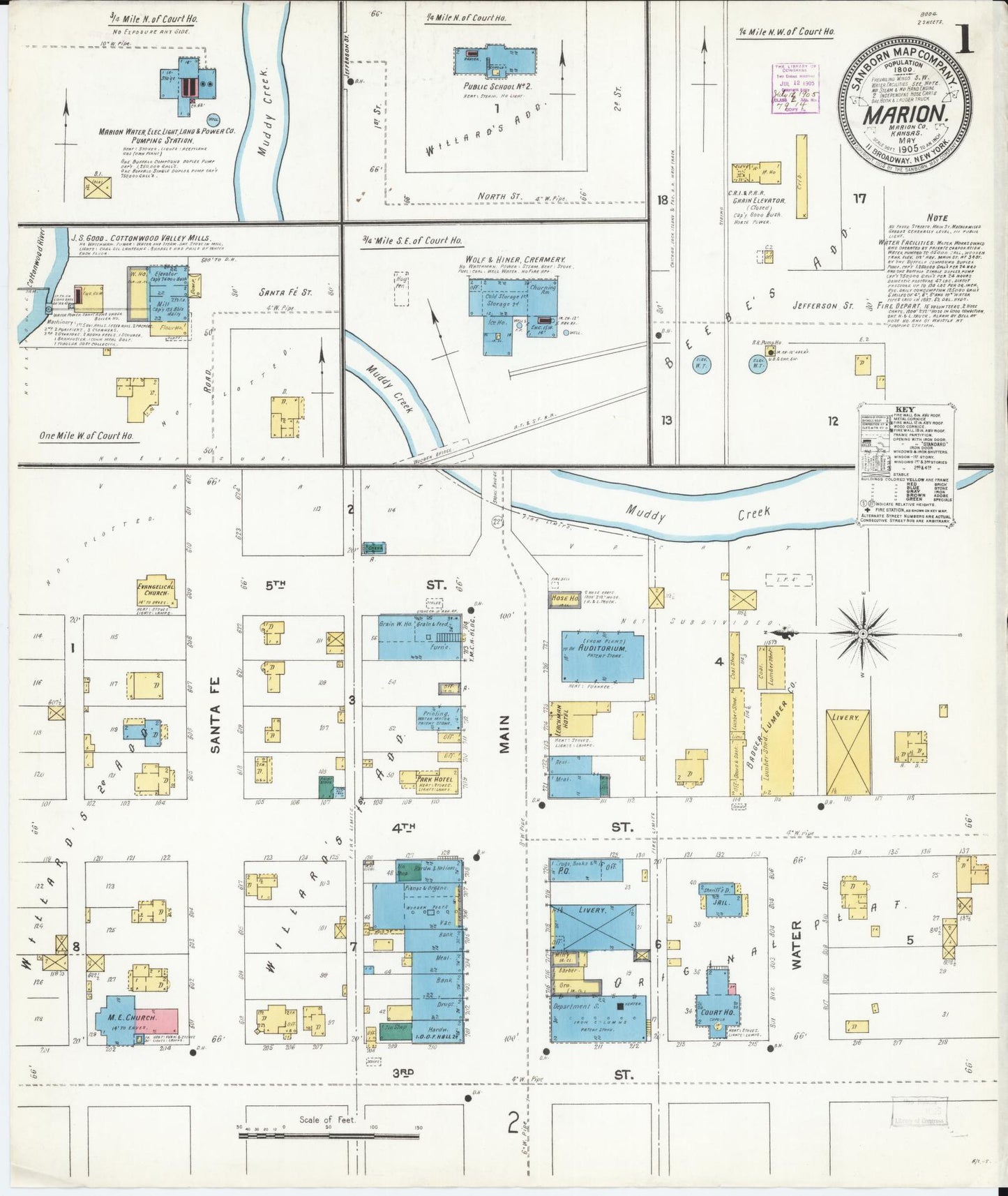 Sanborn Fire Insurance Map from Marion, Marion County, Kansas (1905), Sheet #0001 - Historic Sanborn Fire Insurance Map Print, vintage old map wall art, antique decor, genealogy gift, Kansas Kansas map