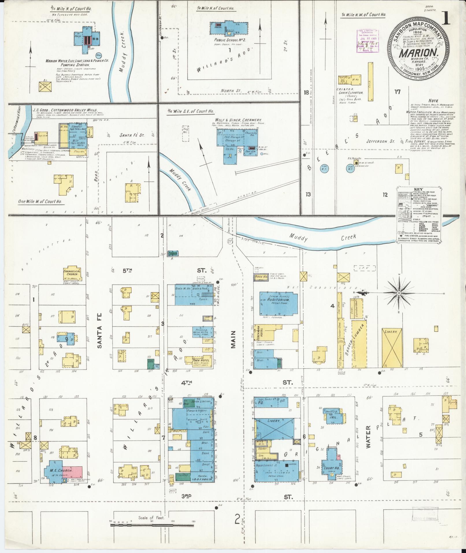 Sanborn Fire Insurance Map from Marion, Marion County, Kansas (1905), Sheet #0001 - Historic Sanborn Fire Insurance Map Print, vintage old map wall art, antique decor, genealogy gift, Kansas Kansas map