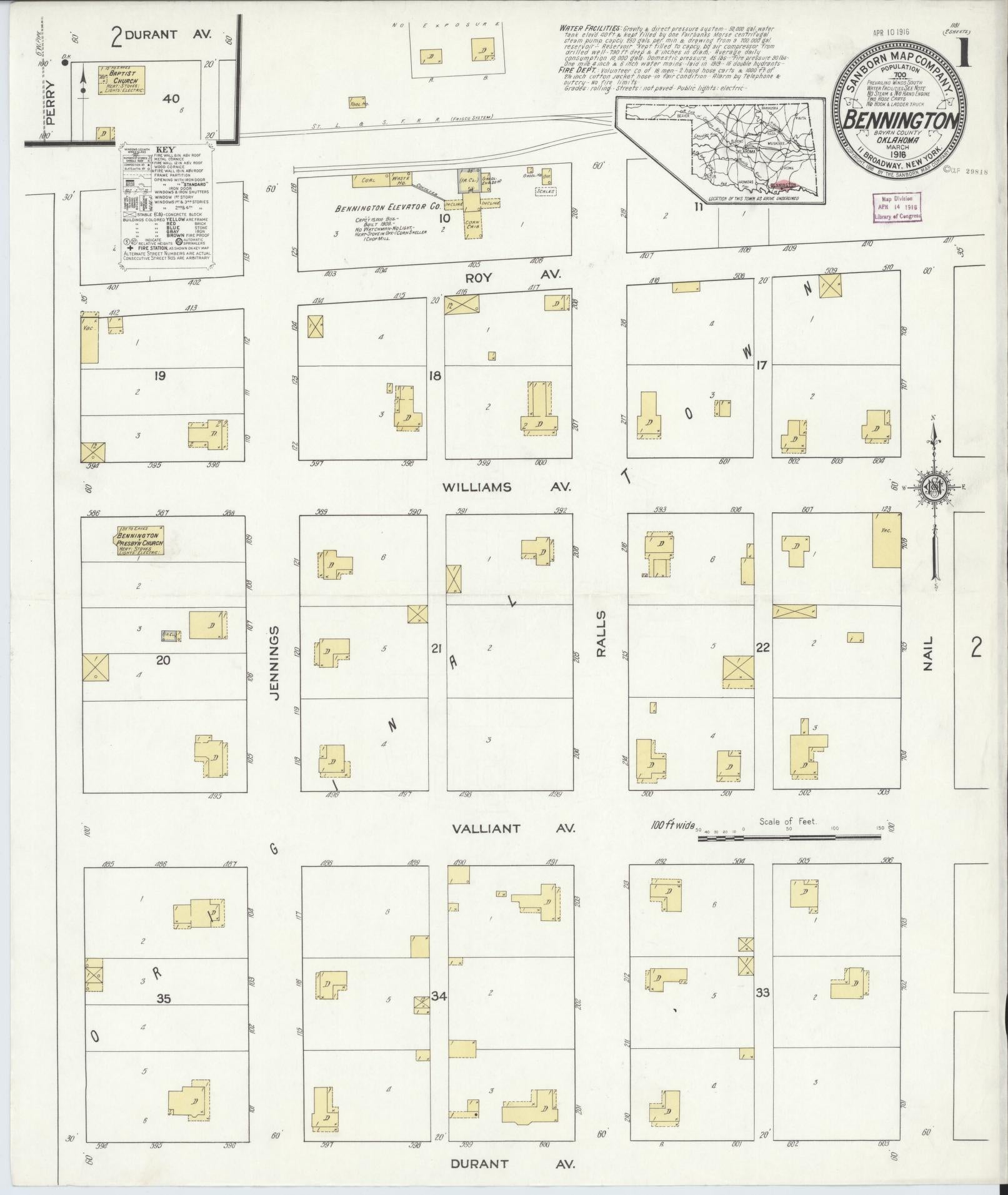 Sanborn Fire Insurance Map from Bennington, Bryan County, Oklahoma (1916), Sheet #0001 - Complete Map Set gallery image, historic Sanborn map, vintage wall art, Oklahoma Oklahoma