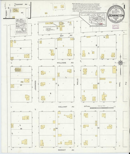 Sanborn Fire Insurance Map from Bennington, Bryan County, Oklahoma (1916), Sheet #0001 - Complete Map Set gallery image, historic Sanborn map, vintage wall art, Oklahoma Oklahoma