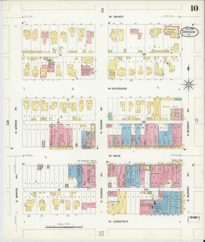 Sanborn Fire Insurance Map from Denison, Grayson County, Texas (1908), Sheet #0010 - Complete Map Set gallery image, historic Sanborn map, vintage wall art, Texas Texas