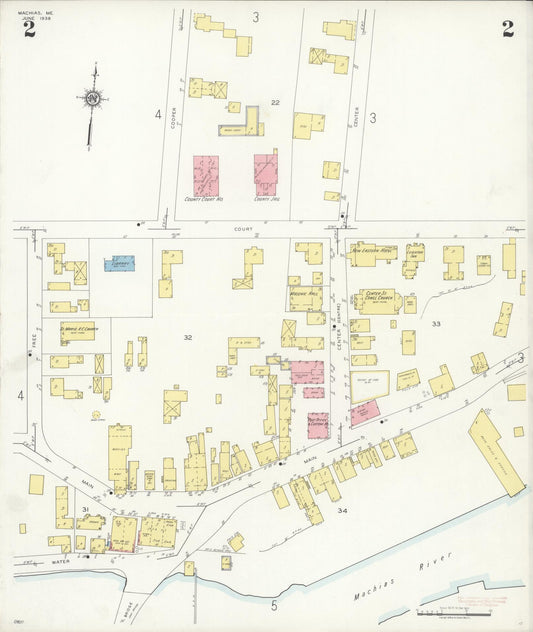 Sanborn Fire Insurance Map from Machias, Washington County, Maine (1938), Sheet #0002 - Historic Sanborn Fire Insurance Map Print, vintage old map wall art, antique decor, genealogy gift, Maine Maine map
