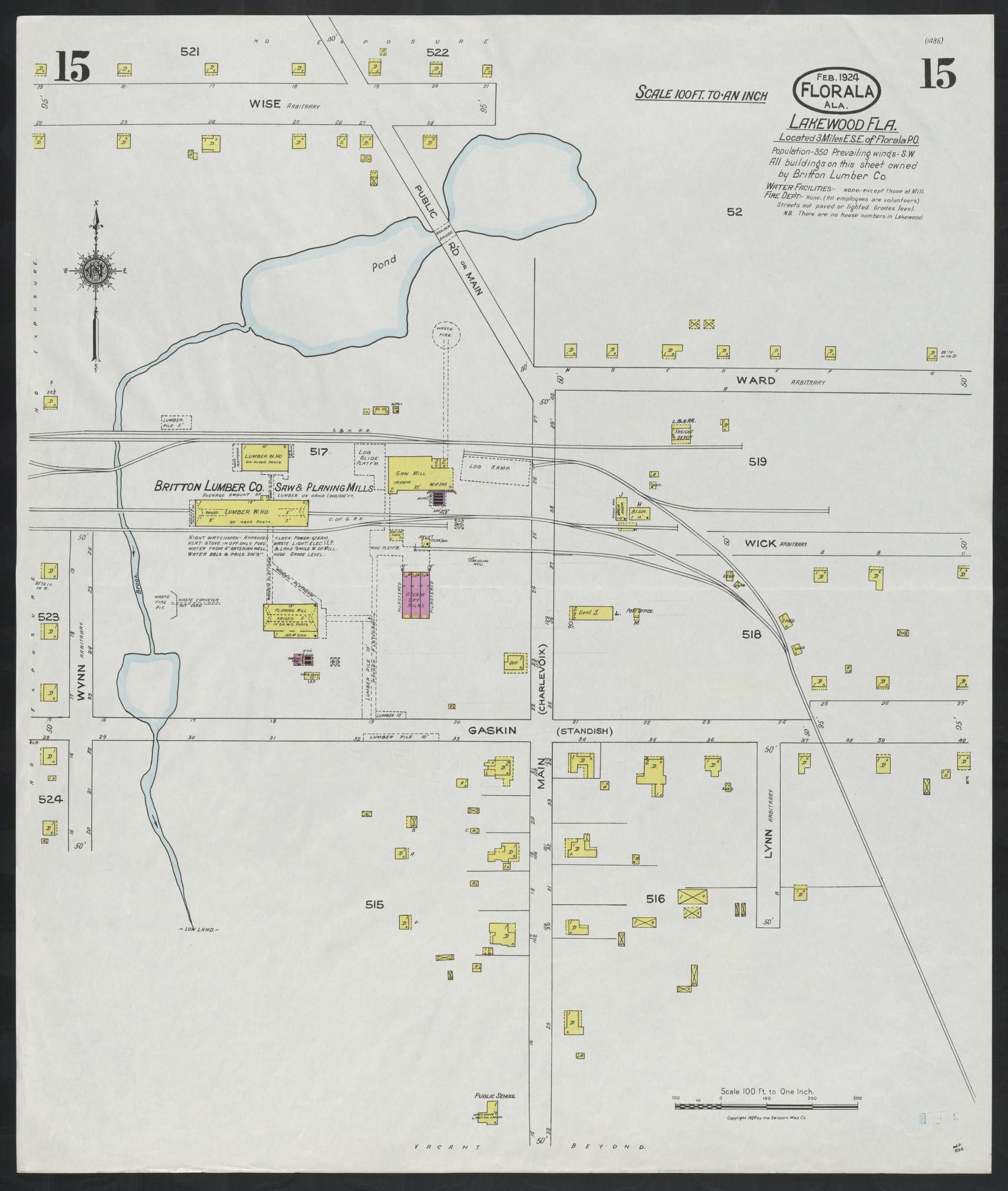 Sanborn Fire Insurance Map from Florala, Covington County, Alabama (1924), Sheet #0015 - Historic Sanborn Fire Insurance Map Print, vintage old map wall art, antique decor, genealogy gift, Alabama Alabama map