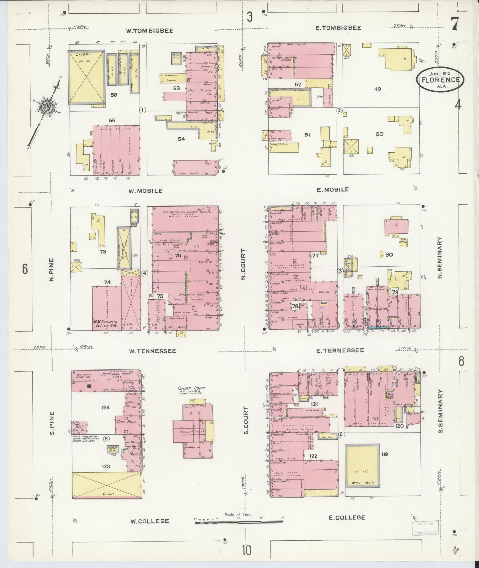 Sanborn Fire Insurance Map from Florence, Lauderdale County, Alabama (1910), Sheet #0007 - Historic Sanborn Fire Insurance Map Print, vintage old map wall art, antique decor, genealogy gift, Alabama Alabama map