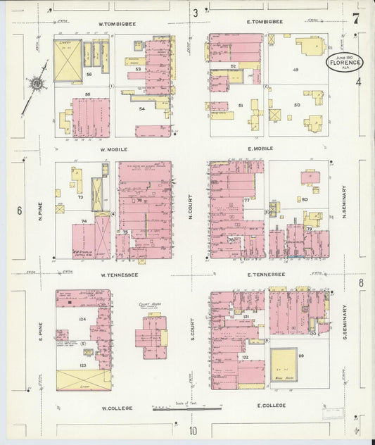 Sanborn Fire Insurance Map from Florence, Lauderdale County, Alabama (1910), Sheet #0007 - Historic Sanborn Fire Insurance Map Print, vintage old map wall art, antique decor, genealogy gift, Alabama Alabama map