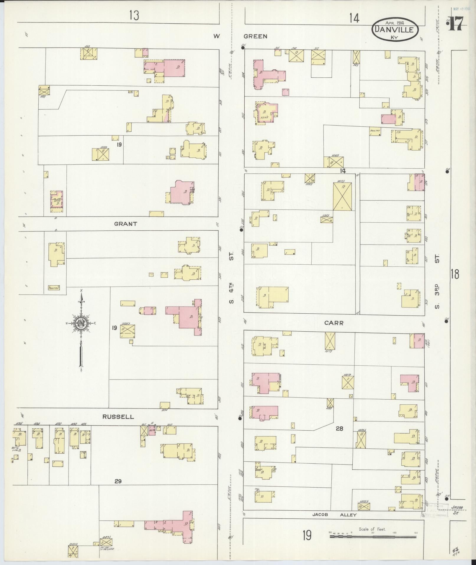 Sanborn Fire Insurance Map from Danville, Boyle County, Kentucky (1914), Sheet #0017 - Historic Sanborn Fire Insurance Map Print, vintage old map wall art, antique decor, genealogy gift, Kentucky Kentucky map