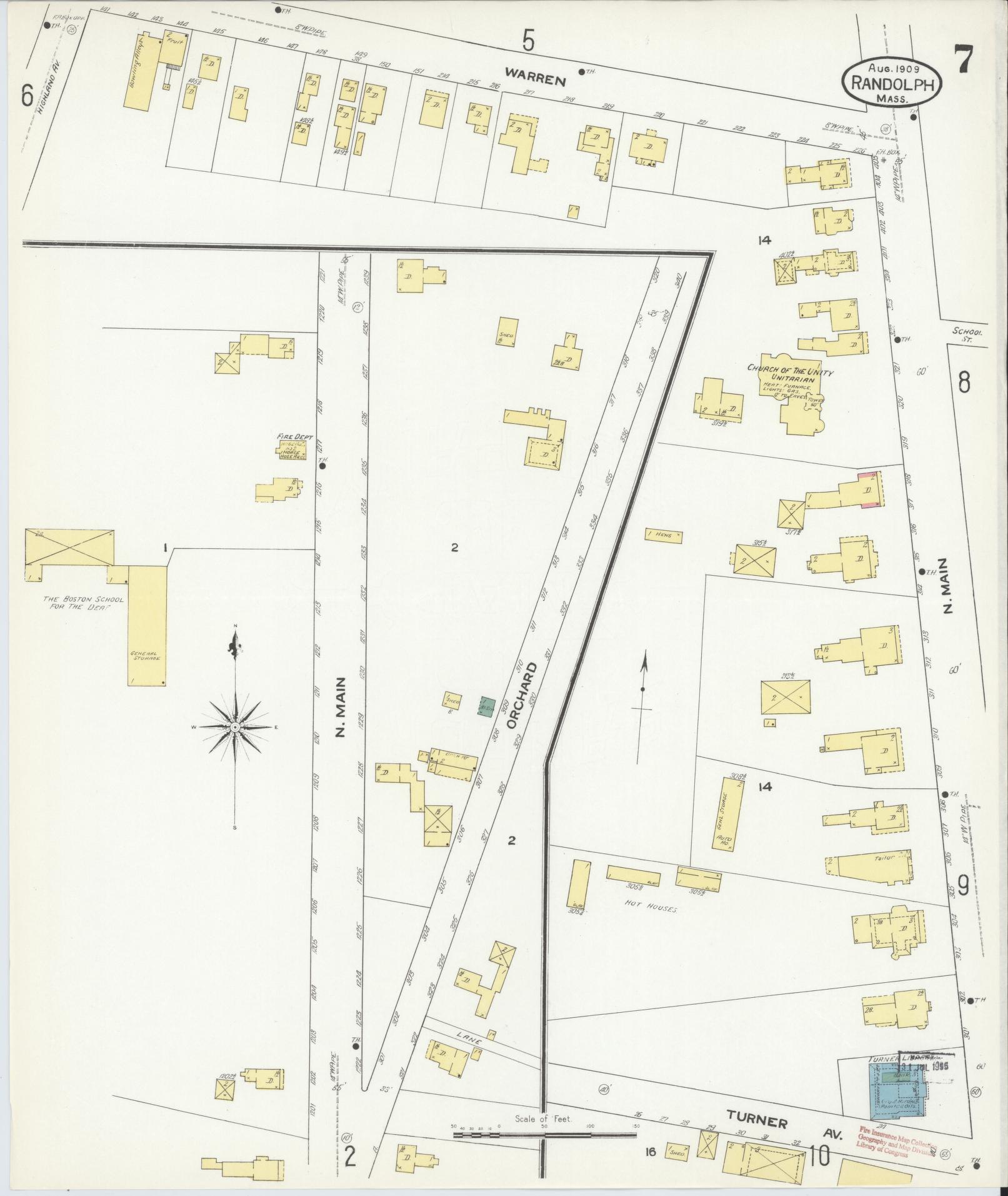 Sanborn Fire Insurance Map from Randolph, Norfolk County, Massachusetts (1909), Sheet #0007 - Historic Sanborn Fire Insurance Map Print, vintage old map wall art, antique decor, genealogy gift, Massachusetts Massachusetts map