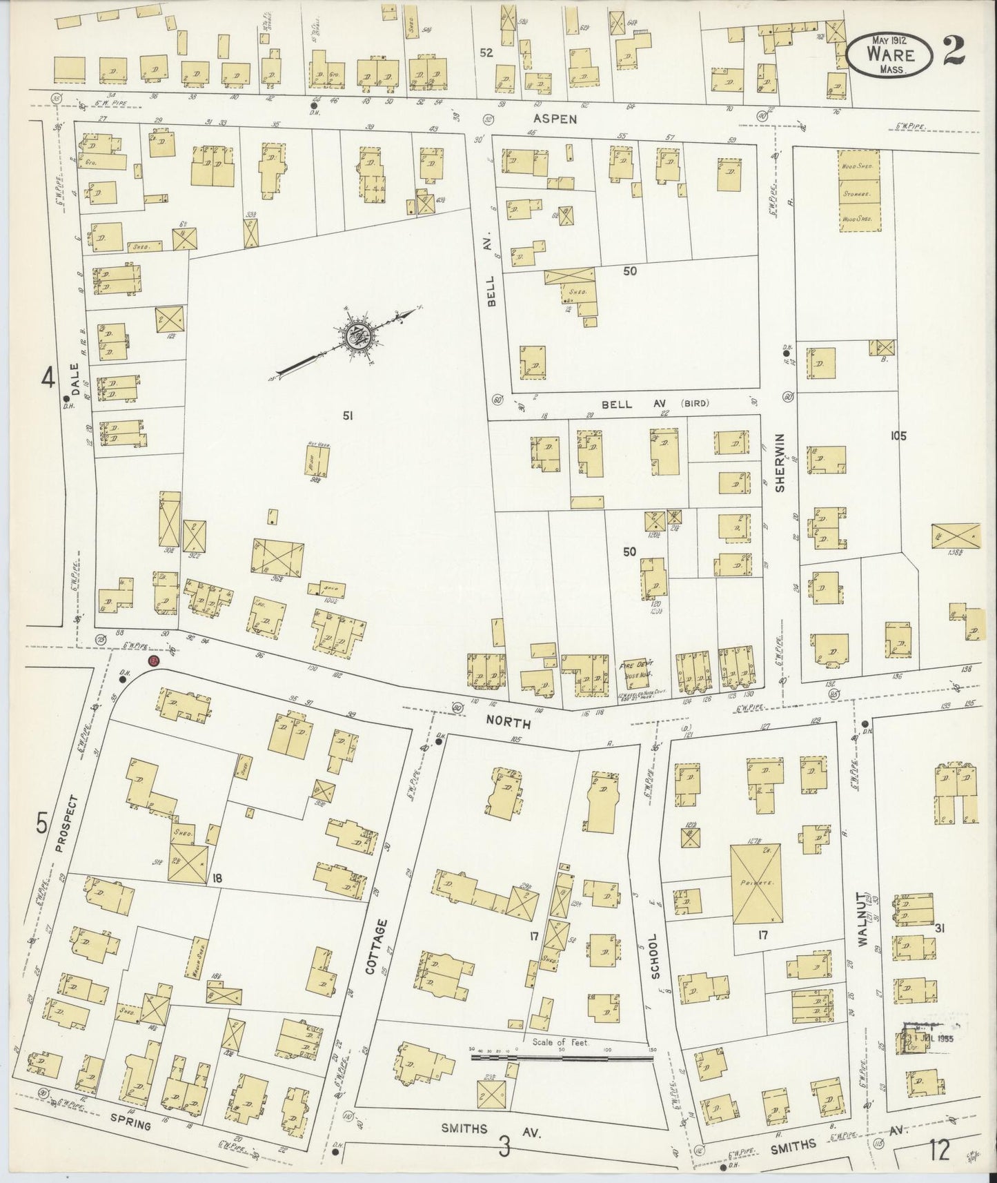 Sanborn Fire Insurance Map from Ware, Hampshire County, Massachusetts (1912), Sheet #0002 - Historic Sanborn Fire Insurance Map Print, vintage old map wall art, antique decor, genealogy gift, Massachusetts Massachusetts map