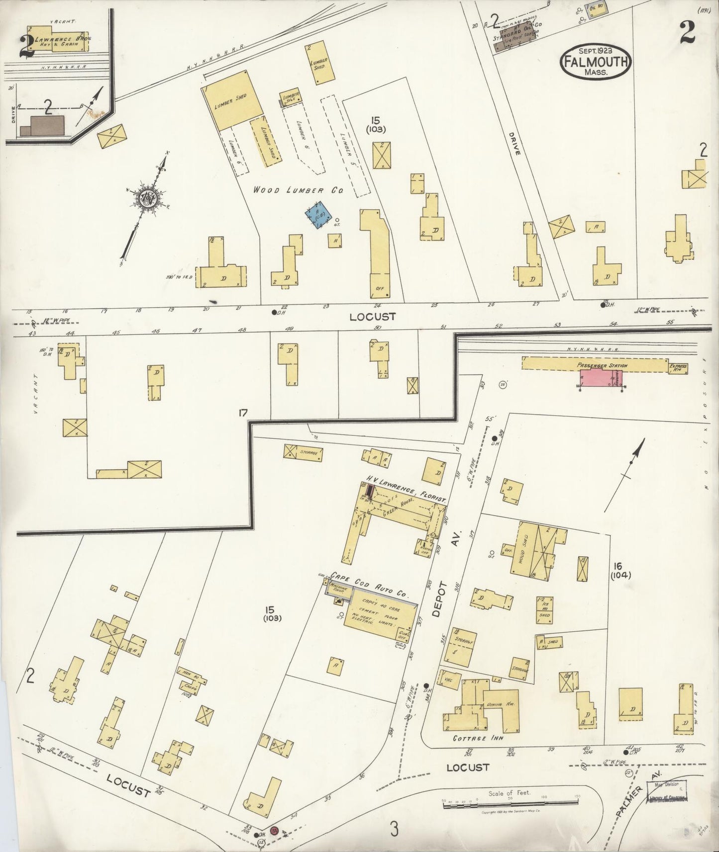 Sanborn Fire Insurance Map from Falmouth, Barnstable County, Massachusetts (1923), Sheet #0002 - Complete Map Set gallery image, historic Sanborn map, vintage wall art, Massachusetts Massachusetts