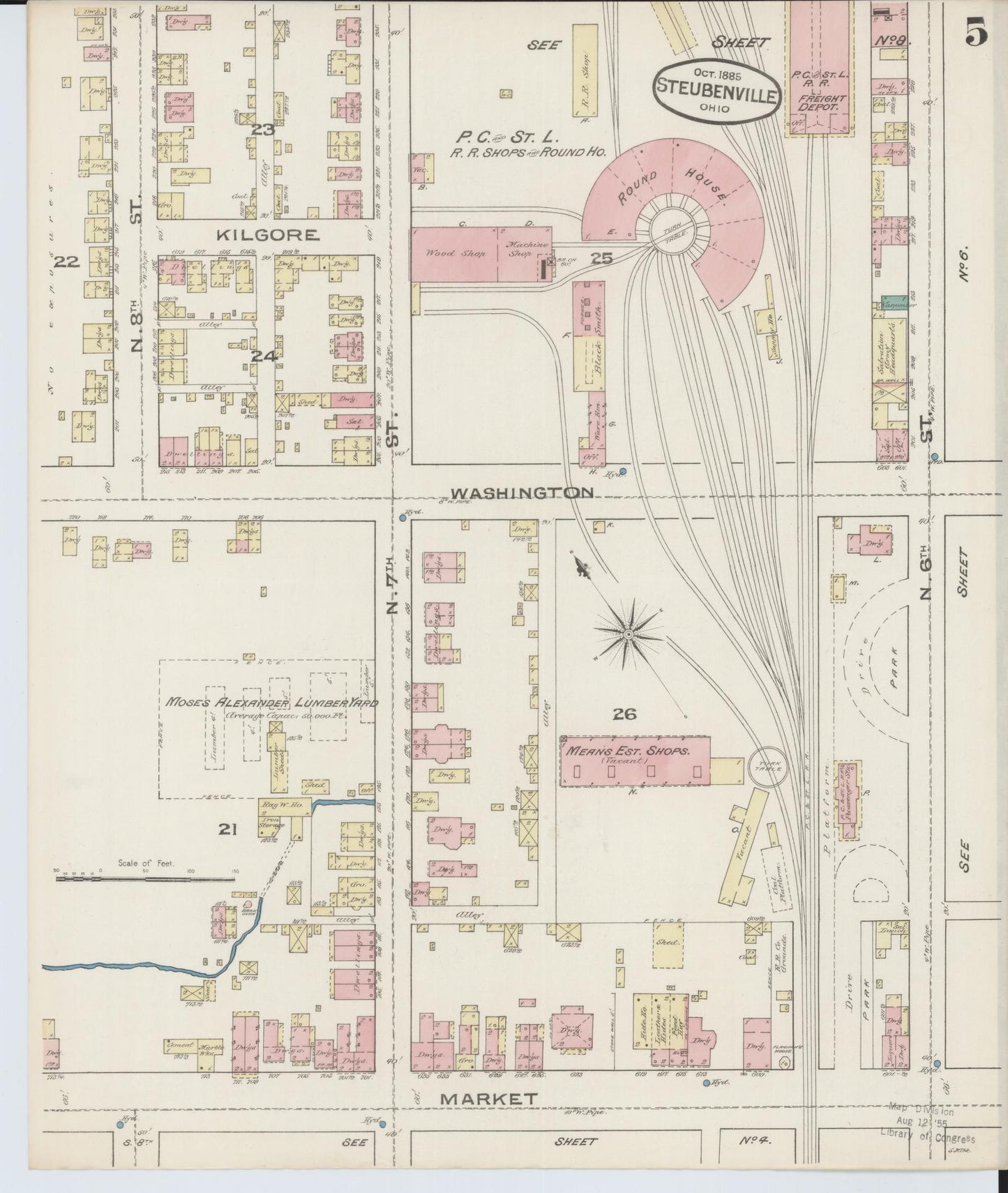 Sanborn Fire Insurance Map from Steubenville, Jefferson County, Ohio (1885), Sheet #0005 - Complete Map Set gallery image, historic Sanborn map, vintage wall art, Ohio Ohio