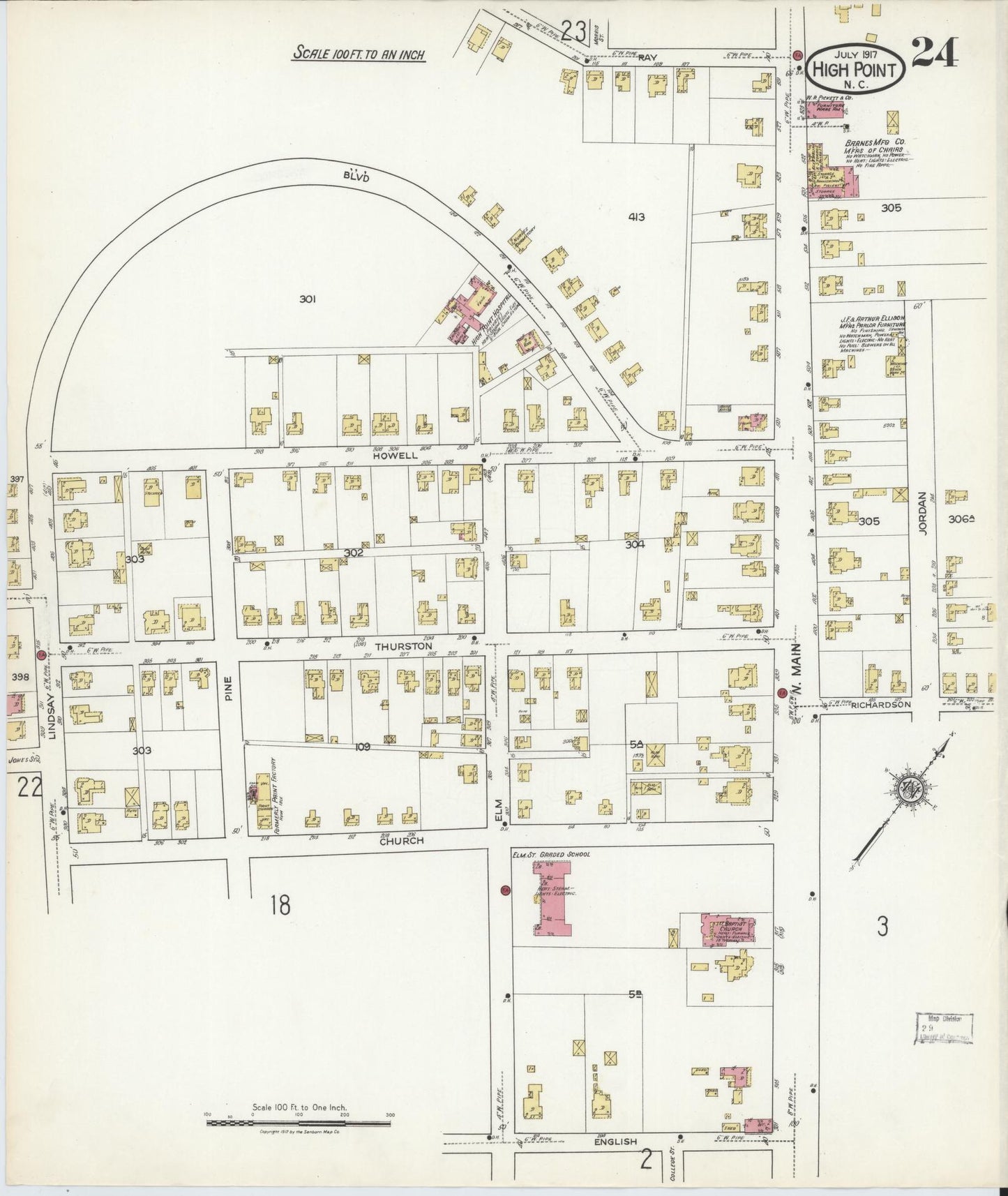 Sanborn Fire Insurance Map from High Point, Guilford County, North Carolina (1917), Sheet #0024 - Complete Map Set gallery image, historic Sanborn map, vintage wall art, North Carolina North Carolina