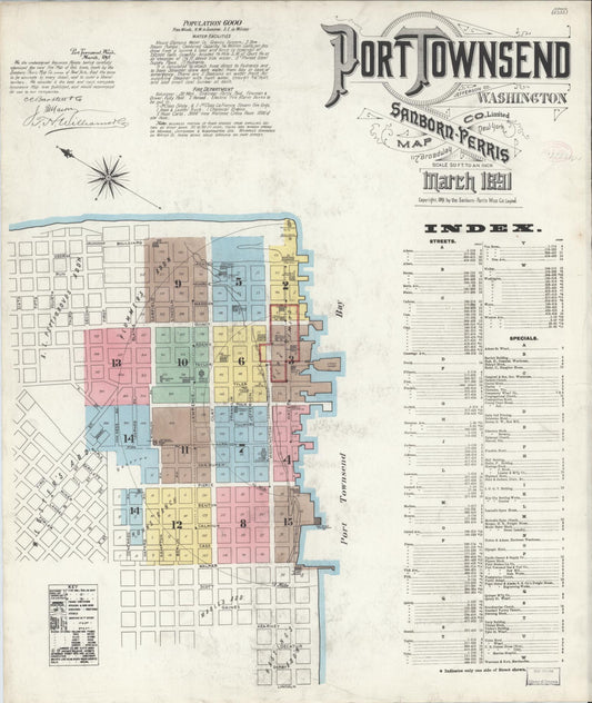 Sanborn Fire Insurance Map from Port Townsend, Jefferson County, Washington (1891), Sheet #0001 - Historic Sanborn Fire Insurance Map Print, vintage old map wall art, antique decor, genealogy gift, Washington Washington map