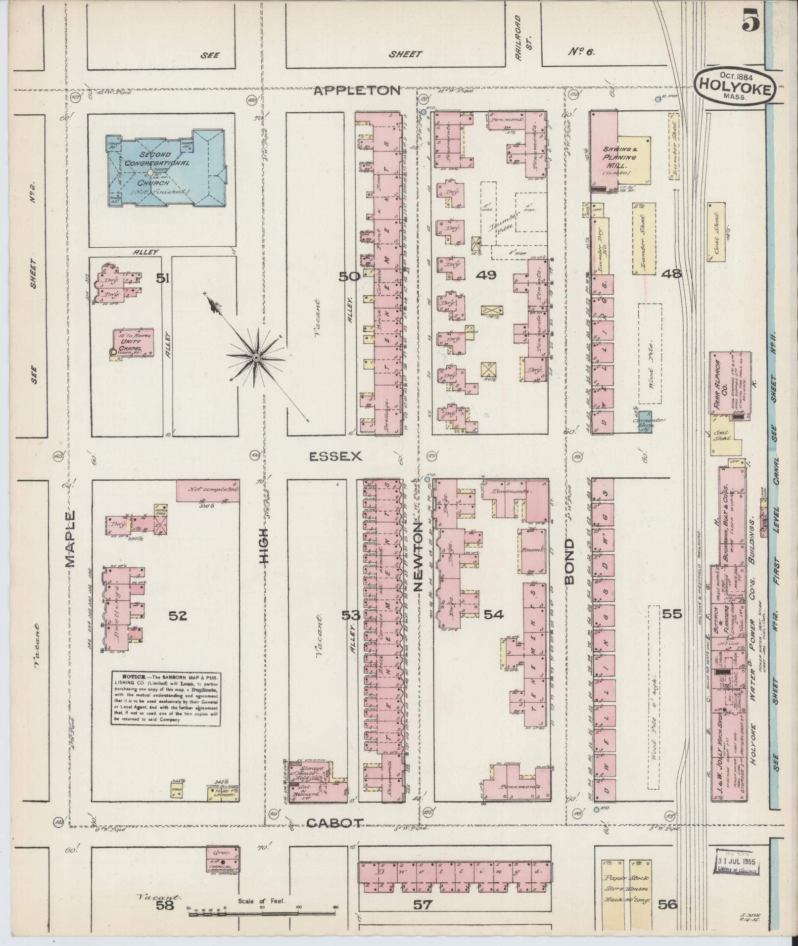 Sanborn Fire Insurance Map from Holyoke, Hampden County, Massachusetts (1884), Sheet #0005 - Historic Sanborn Fire Insurance Map Print, vintage old map wall art, antique decor, genealogy gift, Massachusetts Massachusetts map