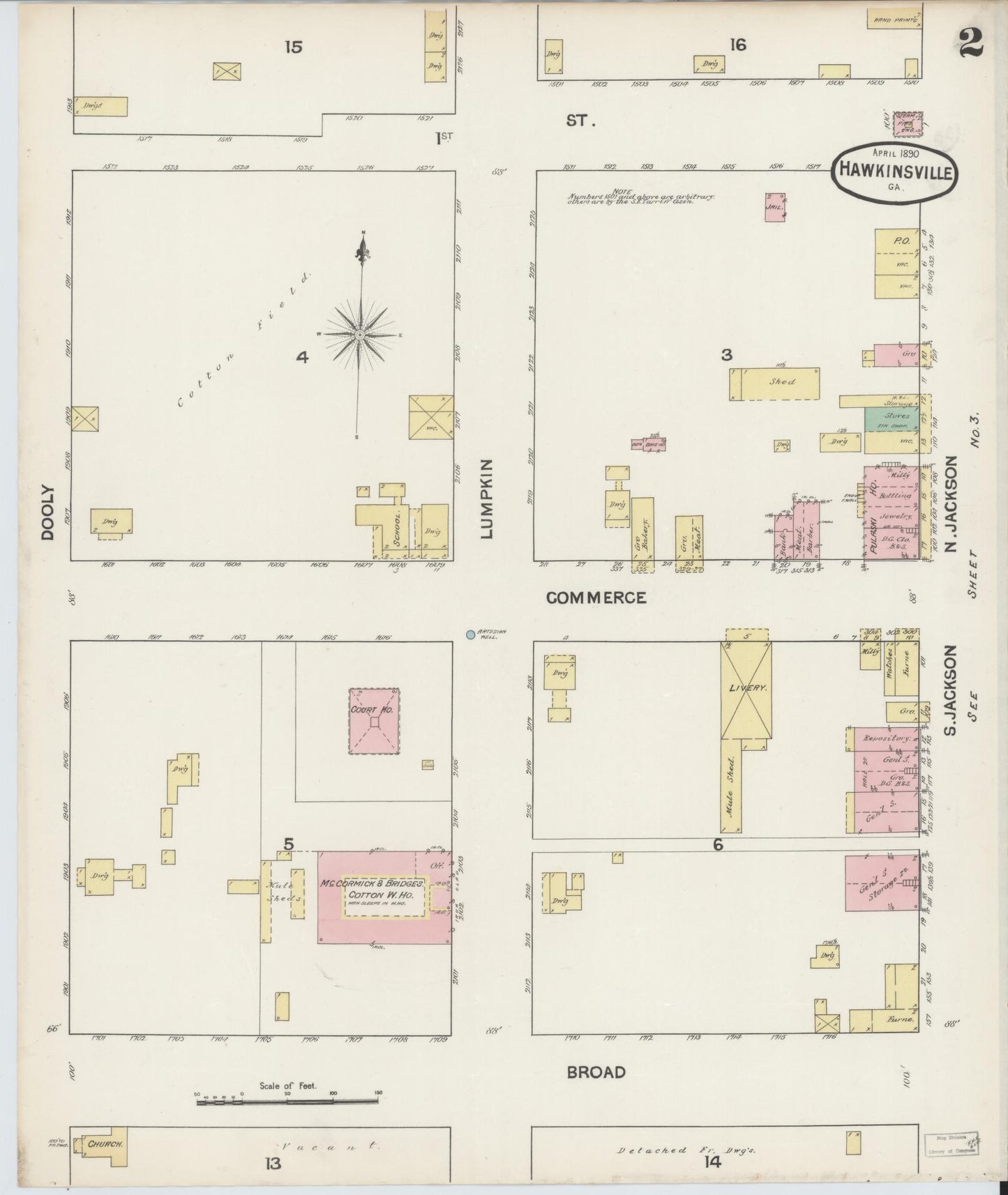 Sanborn Fire Insurance Map from Hawkinsville, Pulaski County, Georgia (1890), Sheet #0002 - Historic Sanborn Fire Insurance Map Print, vintage old map wall art, antique decor, genealogy gift, Georgia Georgia map