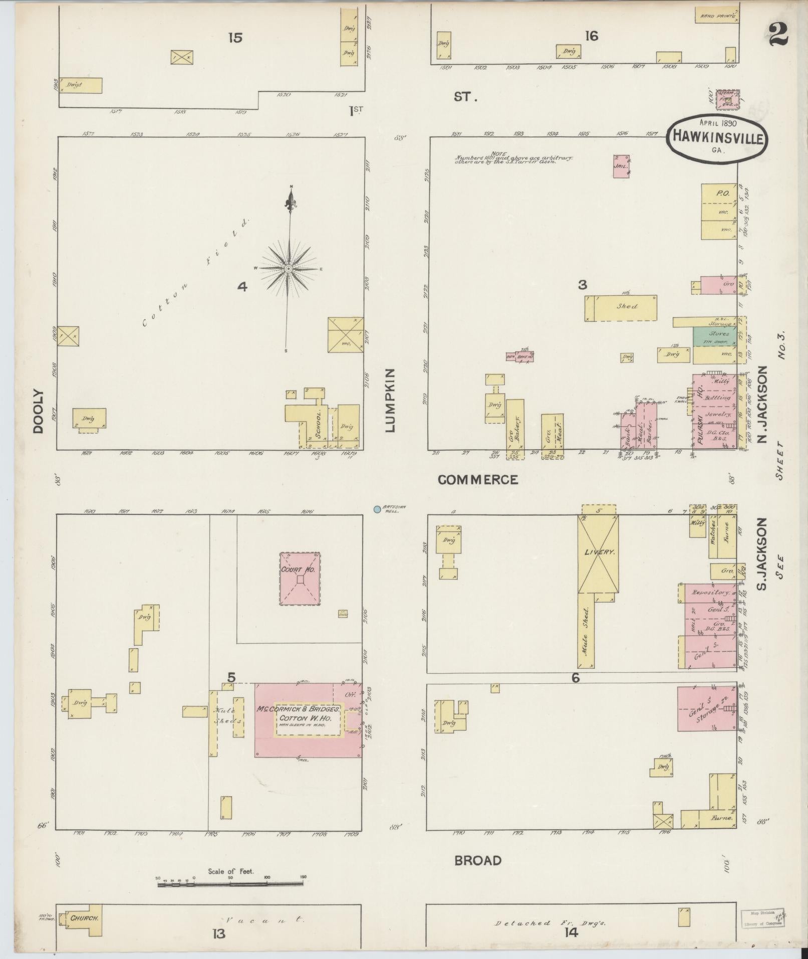 Sanborn Fire Insurance Map from Hawkinsville, Pulaski County, Georgia (1890), Sheet #0002 - Historic Sanborn Fire Insurance Map Print, vintage old map wall art, antique decor, genealogy gift, Georgia Georgia map