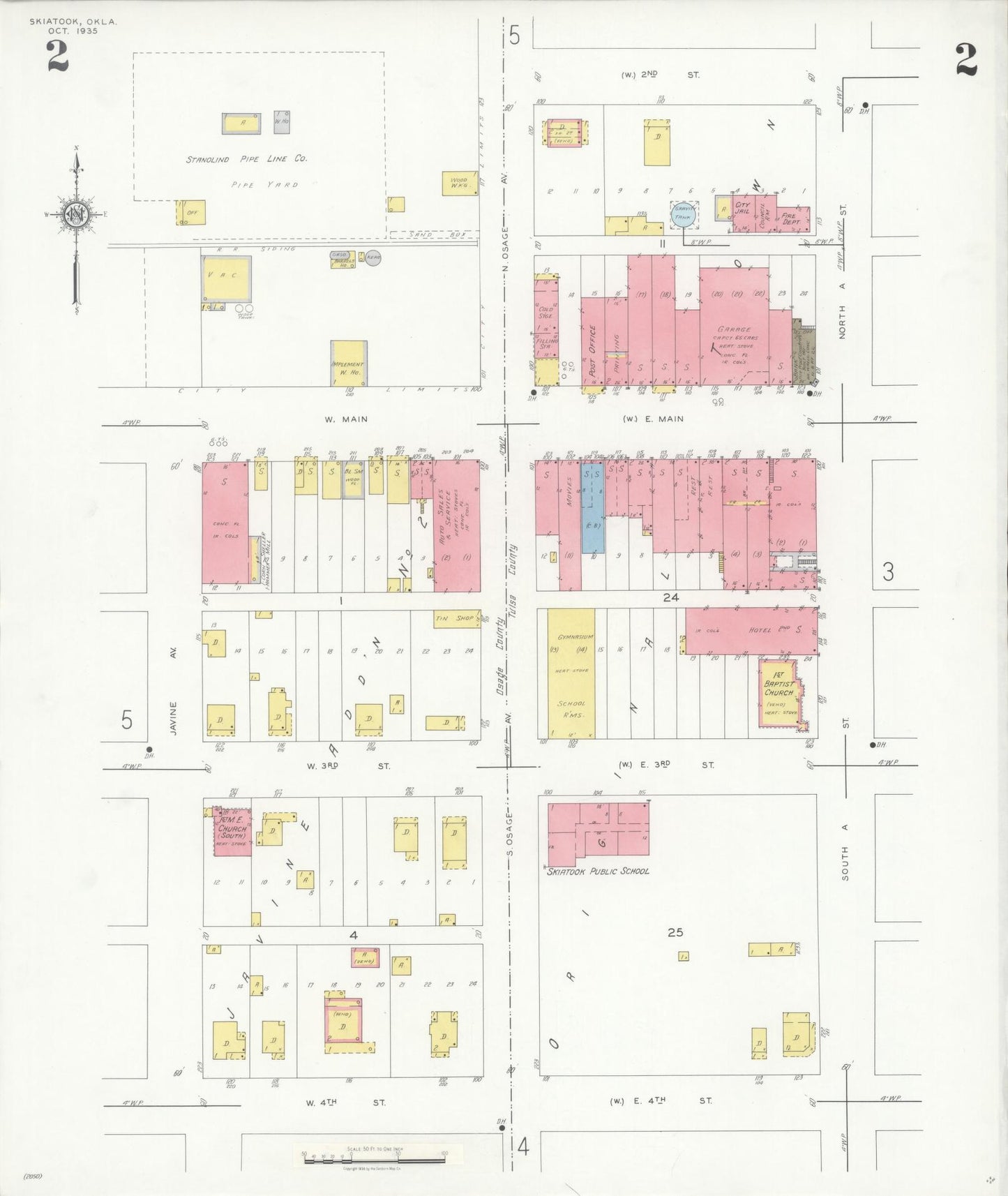 Sanborn Fire Insurance Map from Skiatook, Tulsa And Osage Counties, Oklahoma (1935), Sheet #0002 - Historic Sanborn Fire Insurance Map Print, vintage old map wall art, antique decor, genealogy gift, Oklahoma Oklahoma map