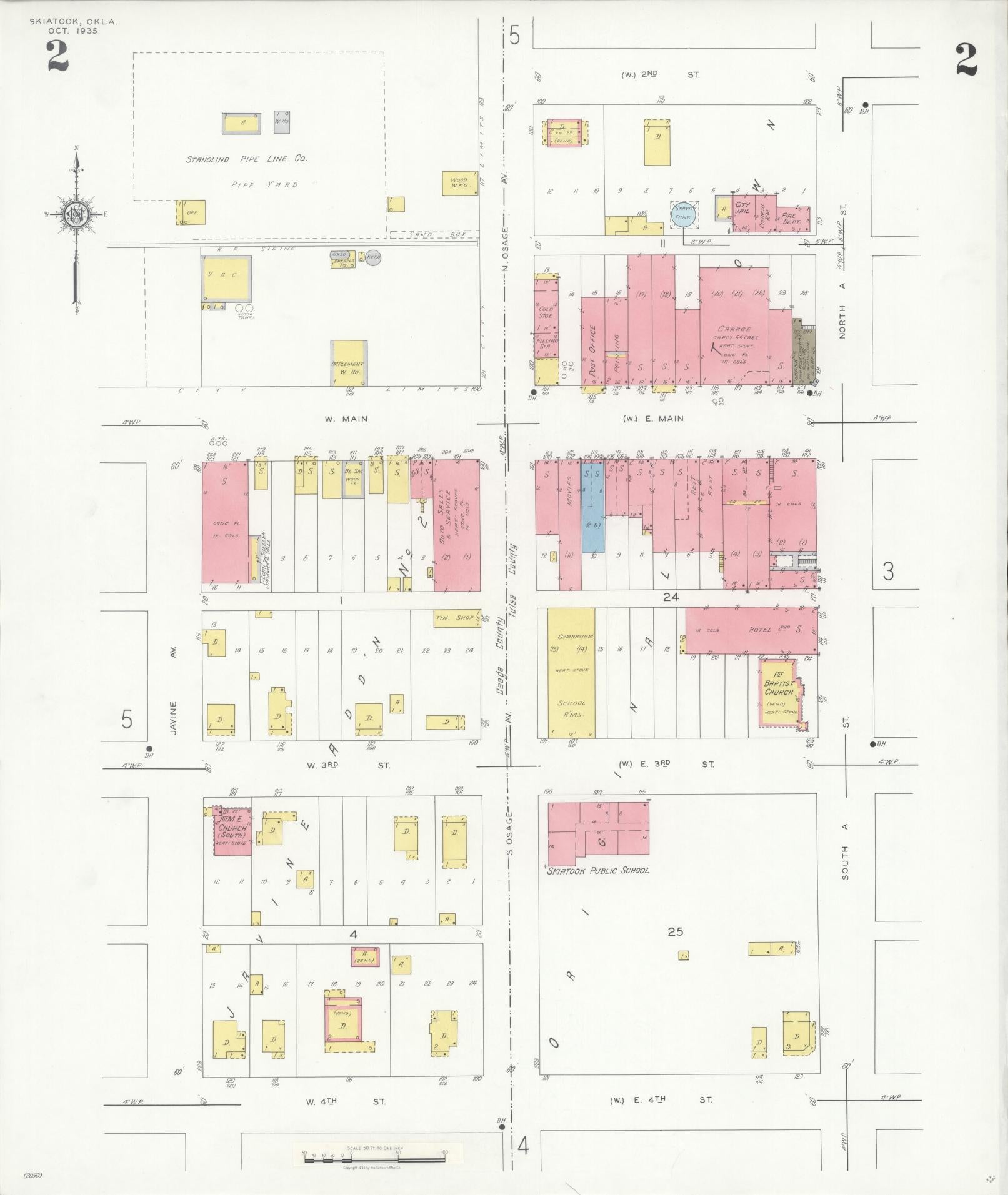 Sanborn Fire Insurance Map from Skiatook, Tulsa And Osage Counties, Oklahoma (1935), Sheet #0002 - Historic Sanborn Fire Insurance Map Print, vintage old map wall art, antique decor, genealogy gift, Oklahoma Oklahoma map