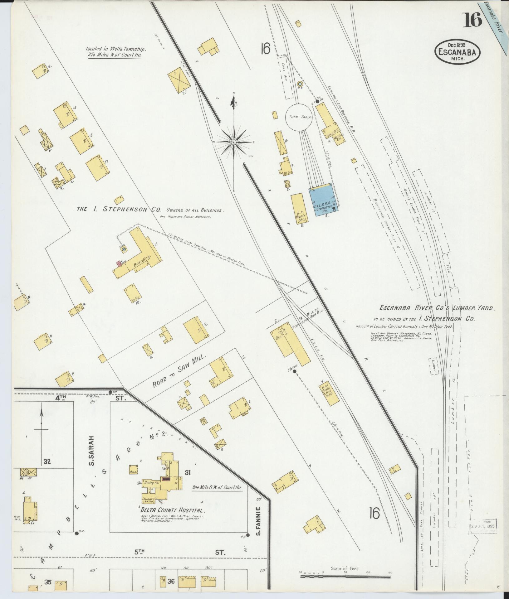 Sanborn Fire Insurance Map from Escanaba, Delta County, Michigan (1899), Sheet #0016 - Historic Sanborn Fire Insurance Map Print, vintage old map wall art, antique decor, genealogy gift, Michigan Michigan map