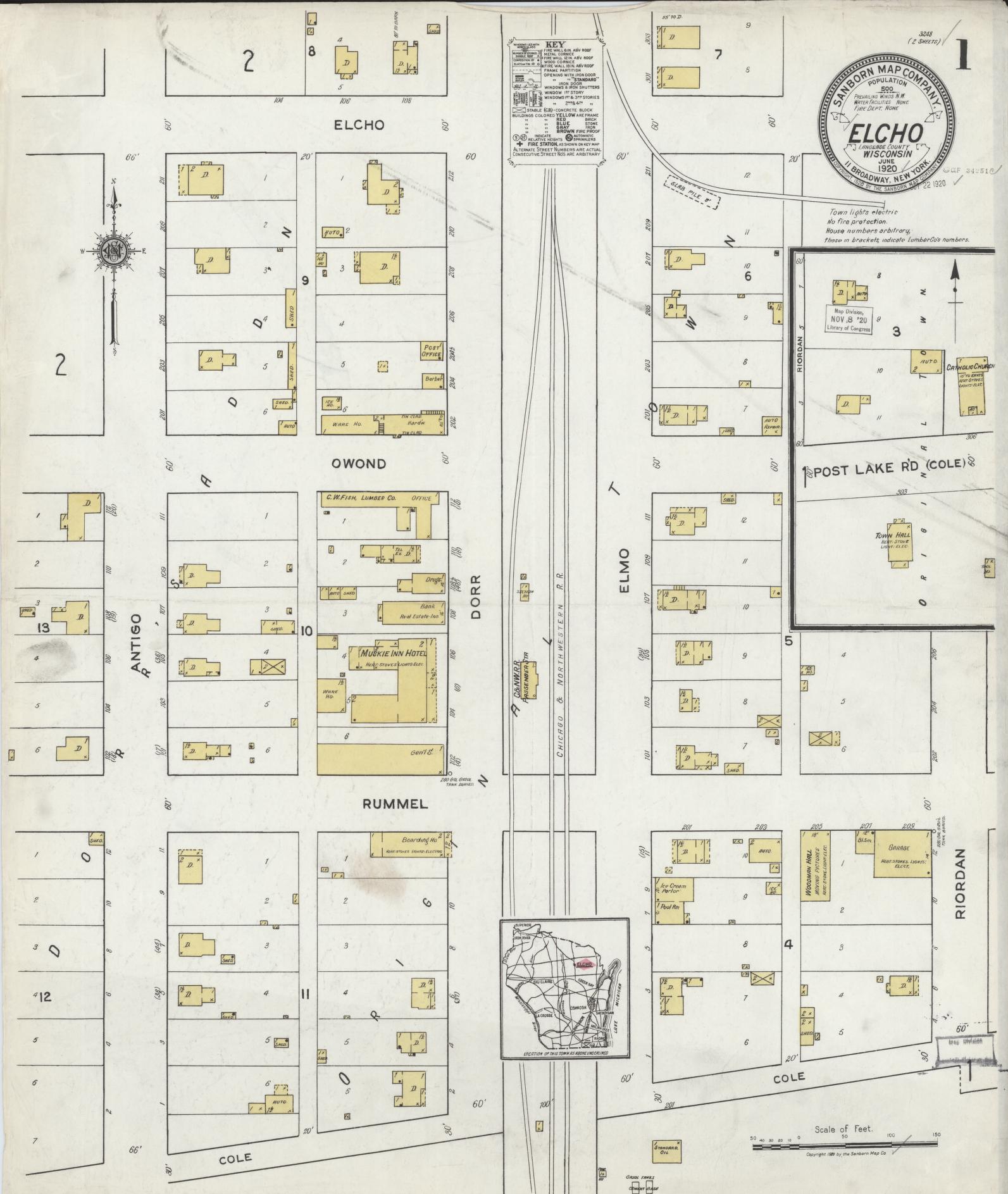 Sanborn Fire Insurance Map from Elcho, Langlade County, Wisconsin (1920), Sheet #0001 - Historic Sanborn Fire Insurance Map Print, vintage old map wall art, antique decor, genealogy gift, Wisconsin Wisconsin map