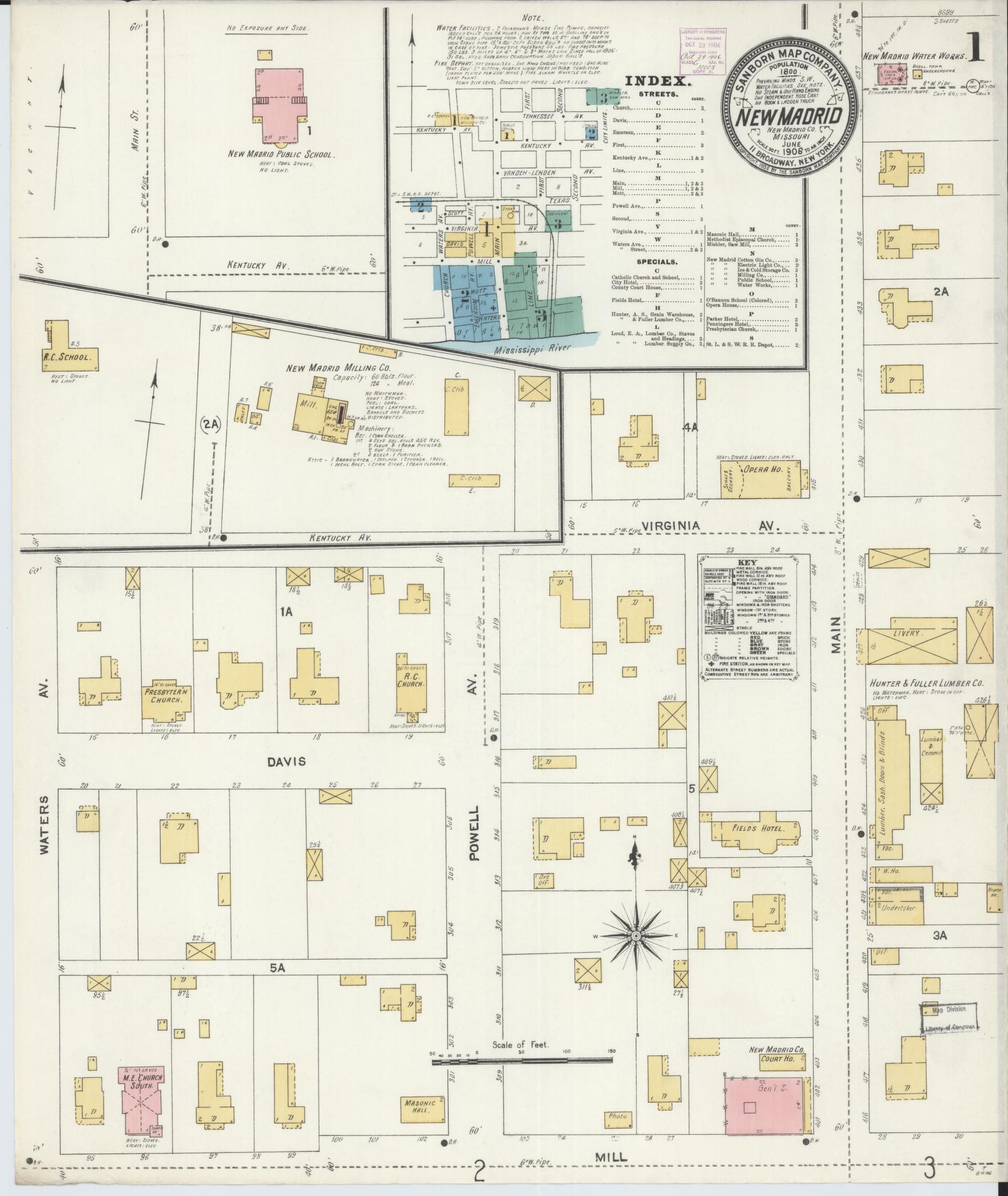 Sanborn Fire Insurance Map from New Madrid, New Madrid County, Missouri (1906), Sheet #0001 - Historic Sanborn Fire Insurance Map Print, vintage old map wall art, antique decor, genealogy gift, Missouri Missouri map