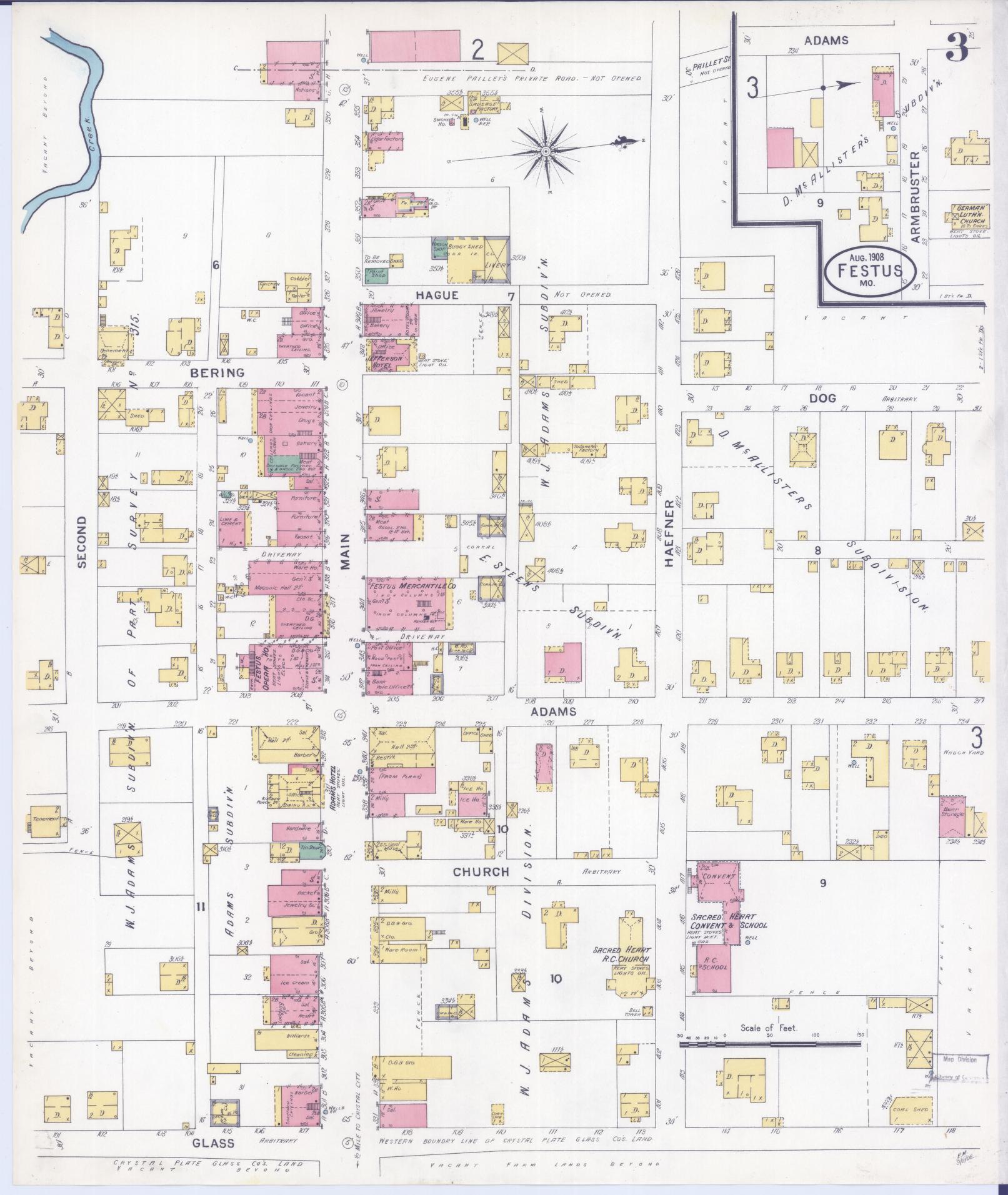 Sanborn Fire Insurance Map from Festus, Jefferson County, Missouri (1908), Sheet #0003 - Historic Sanborn Fire Insurance Map Print, vintage old map wall art, antique decor, genealogy gift, Missouri Missouri map