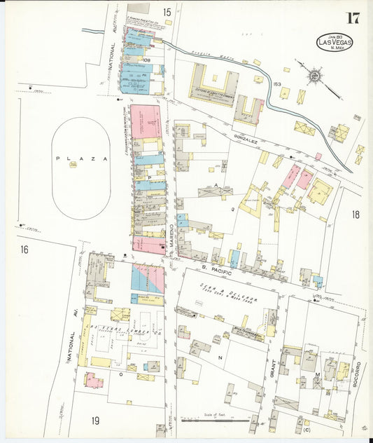 Sanborn Fire Insurance Map from Las Vegas, San Miguel County, New Mexico (1913), Sheet #0017 - Historic Sanborn Fire Insurance Map Print, vintage old map wall art, antique decor, genealogy gift, New Mexico New Mexico map