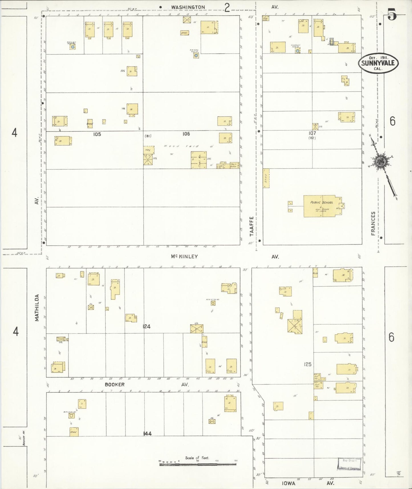 Sanborn Fire Insurance Map from Sunnyvale, Santa Clara County, California (1911), Sheet #0005 - Complete Map Set gallery image, historic Sanborn map, vintage wall art, California California