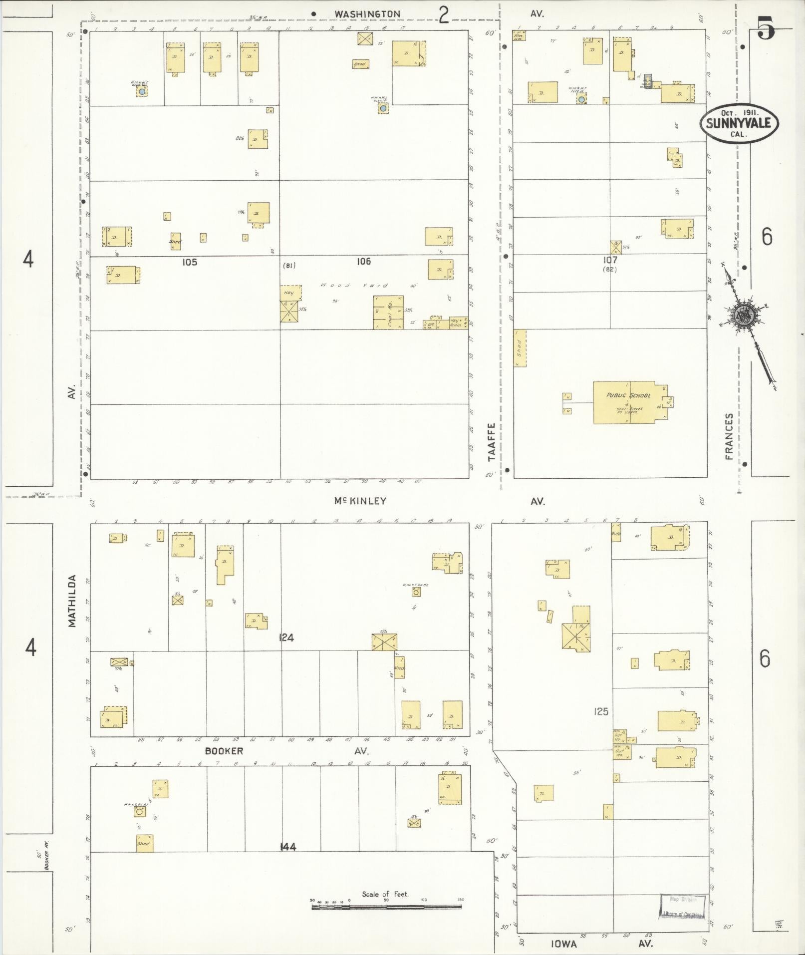 Sanborn Fire Insurance Map from Sunnyvale, Santa Clara County, California (1911), Sheet #0005 - Complete Map Set gallery image, historic Sanborn map, vintage wall art, California California