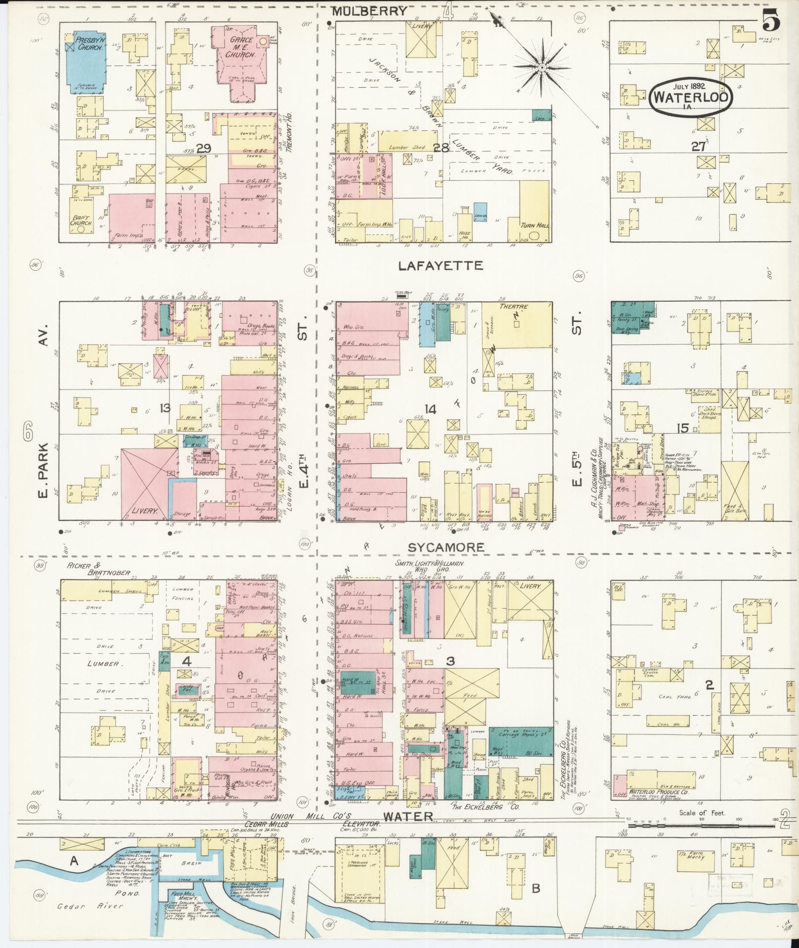 Sanborn Fire Insurance Map from Waterloo, Black Hawk County, Iowa (1892), Sheet #0005 - Historic Sanborn Fire Insurance Map Print, vintage old map wall art