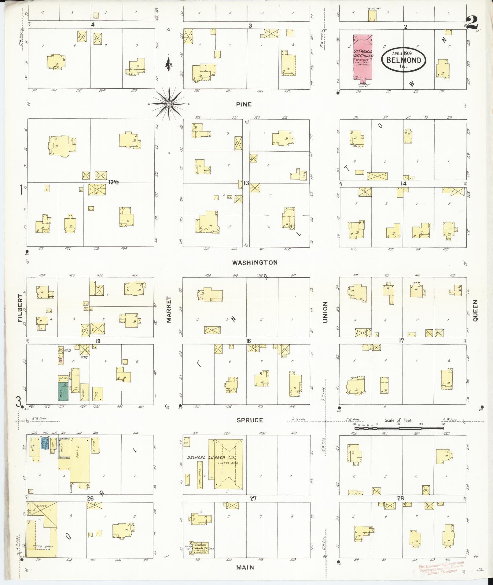 Sanborn Fire Insurance Map from Belmond, Wright County, Iowa (1909), Sheet #0002 - Historic Sanborn Fire Insurance Map Print, vintage old map wall art