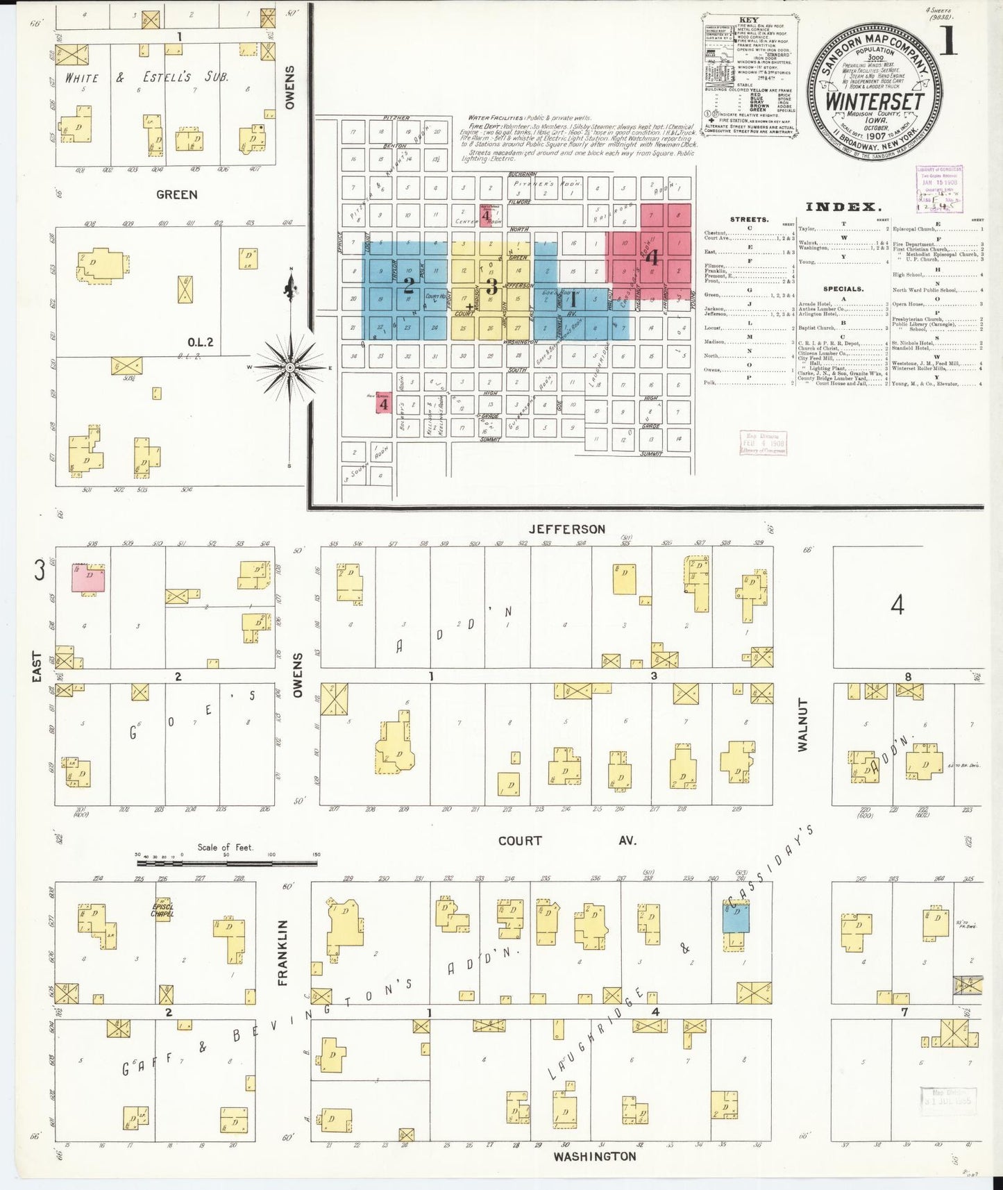 Sanborn Fire Insurance Map from Winterset, Madison County, Iowa (1907), Sheet #0001 - Historic Sanborn Fire Insurance Map Print, vintage old map wall art