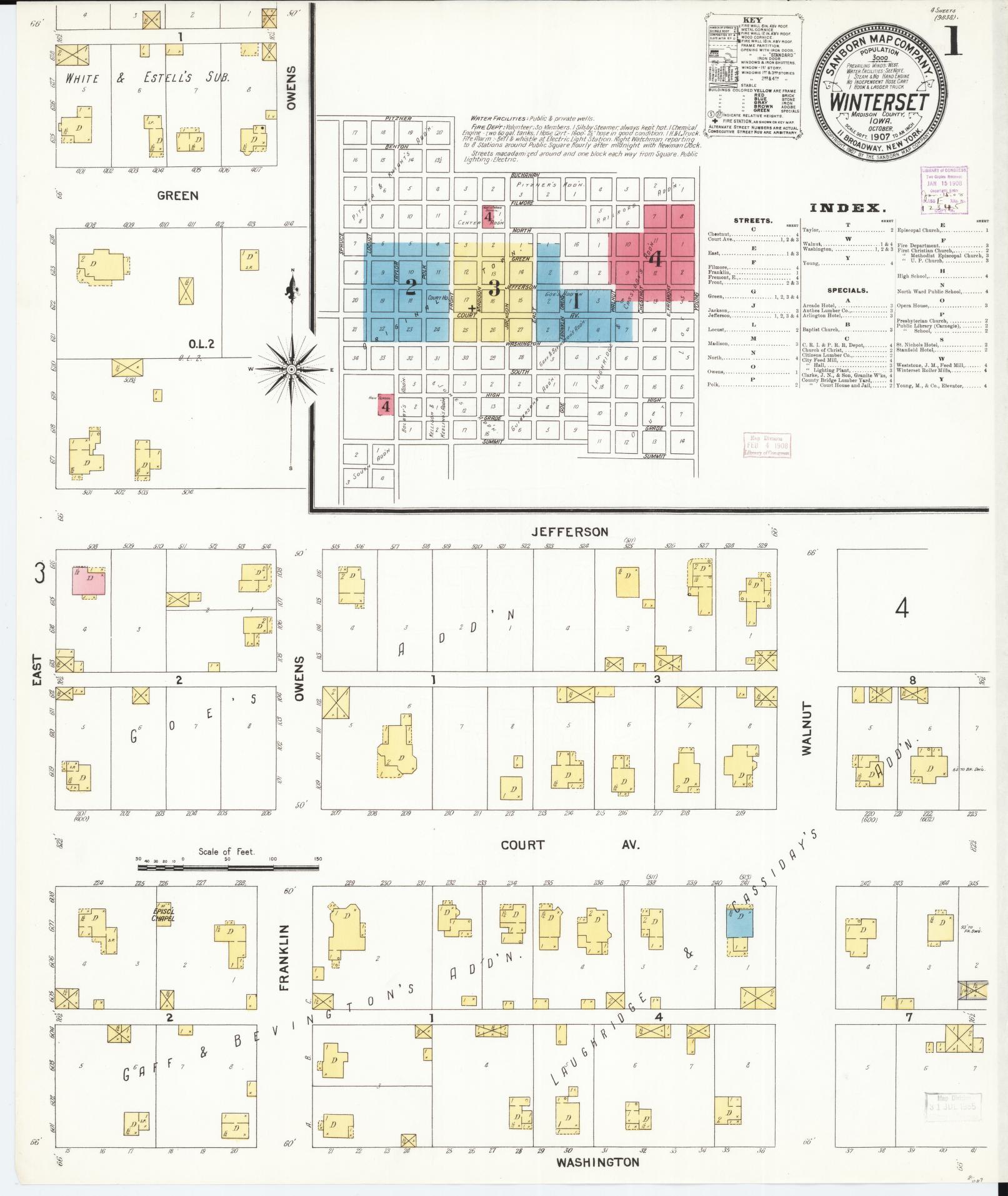 Sanborn Fire Insurance Map from Winterset, Madison County, Iowa (1907), Sheet #0001 - Historic Sanborn Fire Insurance Map Print, vintage old map wall art