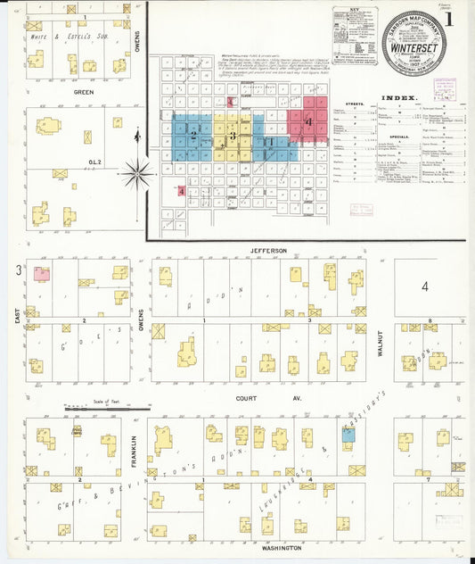 Sanborn Fire Insurance Map from Winterset, Madison County, Iowa (1907), Sheet #0001 - Historic Sanborn Fire Insurance Map Print, vintage old map wall art