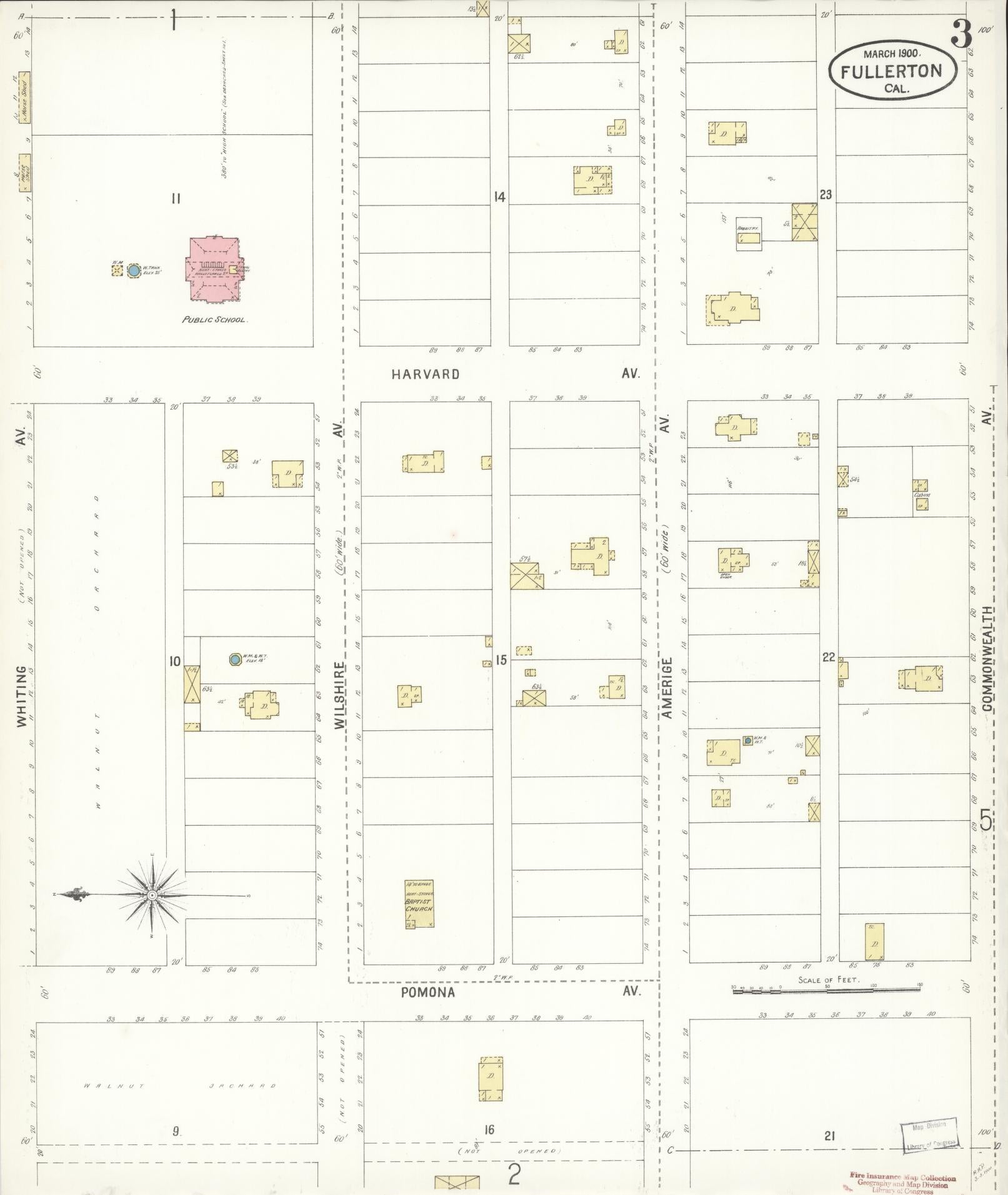 Sanborn Fire Insurance Map from Fullerton, Orange County, California (1900), Sheet #0003 - Historic Sanborn Fire Insurance Map Print, vintage old map wall art, antique decor, genealogy gift, California California map