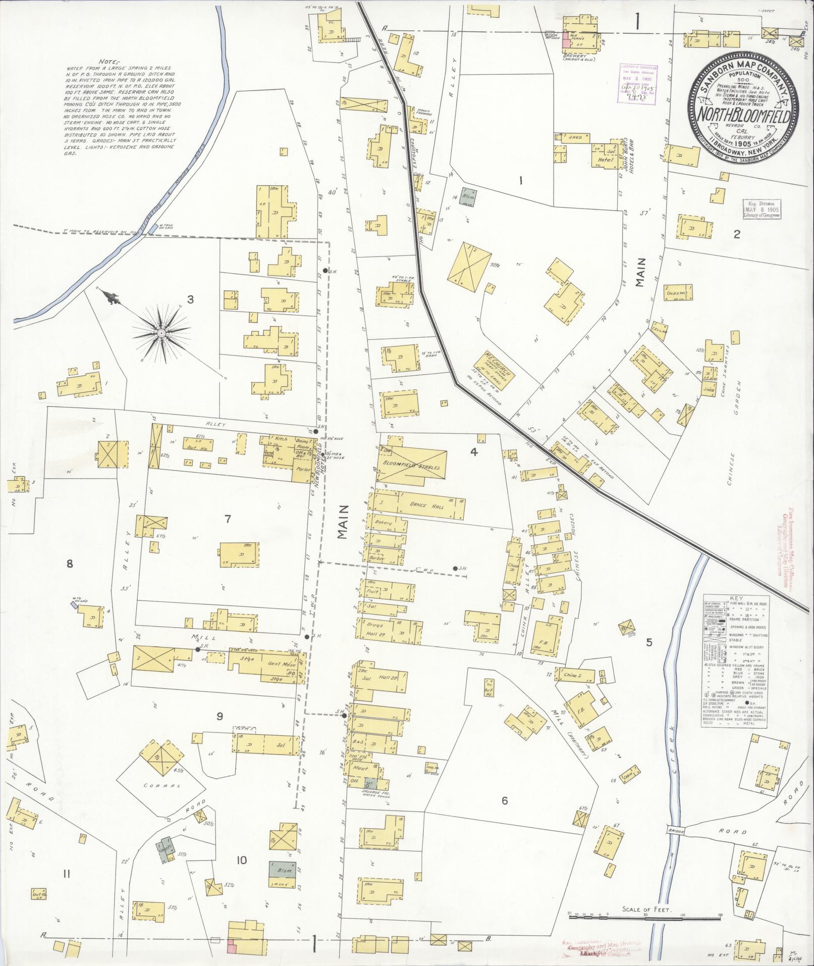 Sanborn Fire Insurance Map from North Bloomfield, Nevada County, California (1905), Sheet #0001 - Historic Sanborn Fire Insurance Map Print, vintage old map wall art, antique decor, genealogy gift, California California map