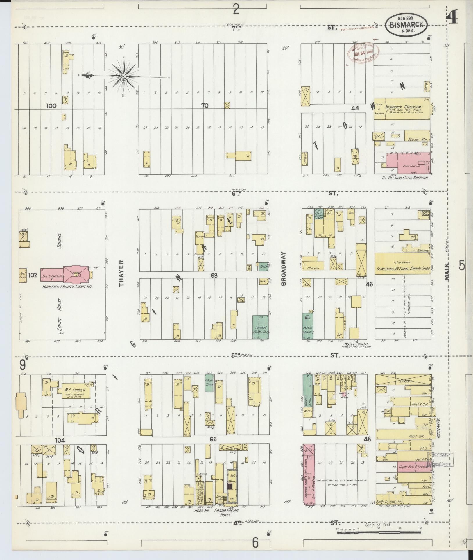 Sanborn Fire Insurance Map from Bismarck, Burleigh County, North Dakota (1899), Sheet #0004 - Complete Map Set gallery image, historic Sanborn map, vintage wall art, North Dakota North Dakota