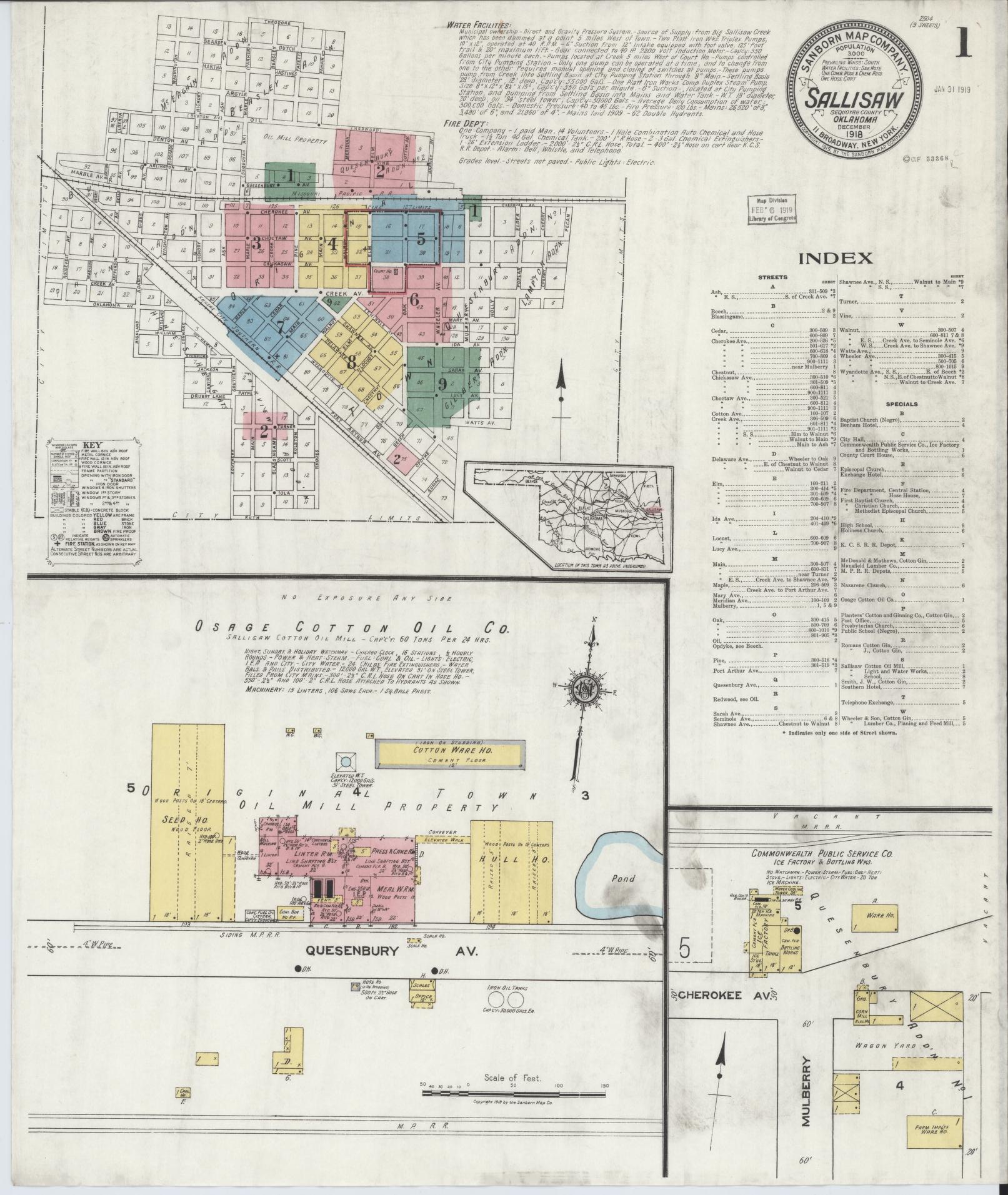Sanborn Fire Insurance Map from Sallisaw, Sequoyah County, Oklahoma (1918), Sheet #0001 - Historic Sanborn Fire Insurance Map Print, vintage old map wall art, antique decor, genealogy gift, Oklahoma Oklahoma map