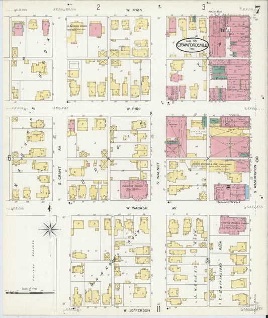 Sanborn Fire Insurance Map from Crawfordsville, Montgomery County, Indiana (1907), Sheet #0007 - Historic Sanborn Fire Insurance Map Print, vintage old map wall art, antique decor, genealogy gift, Indiana Indiana map