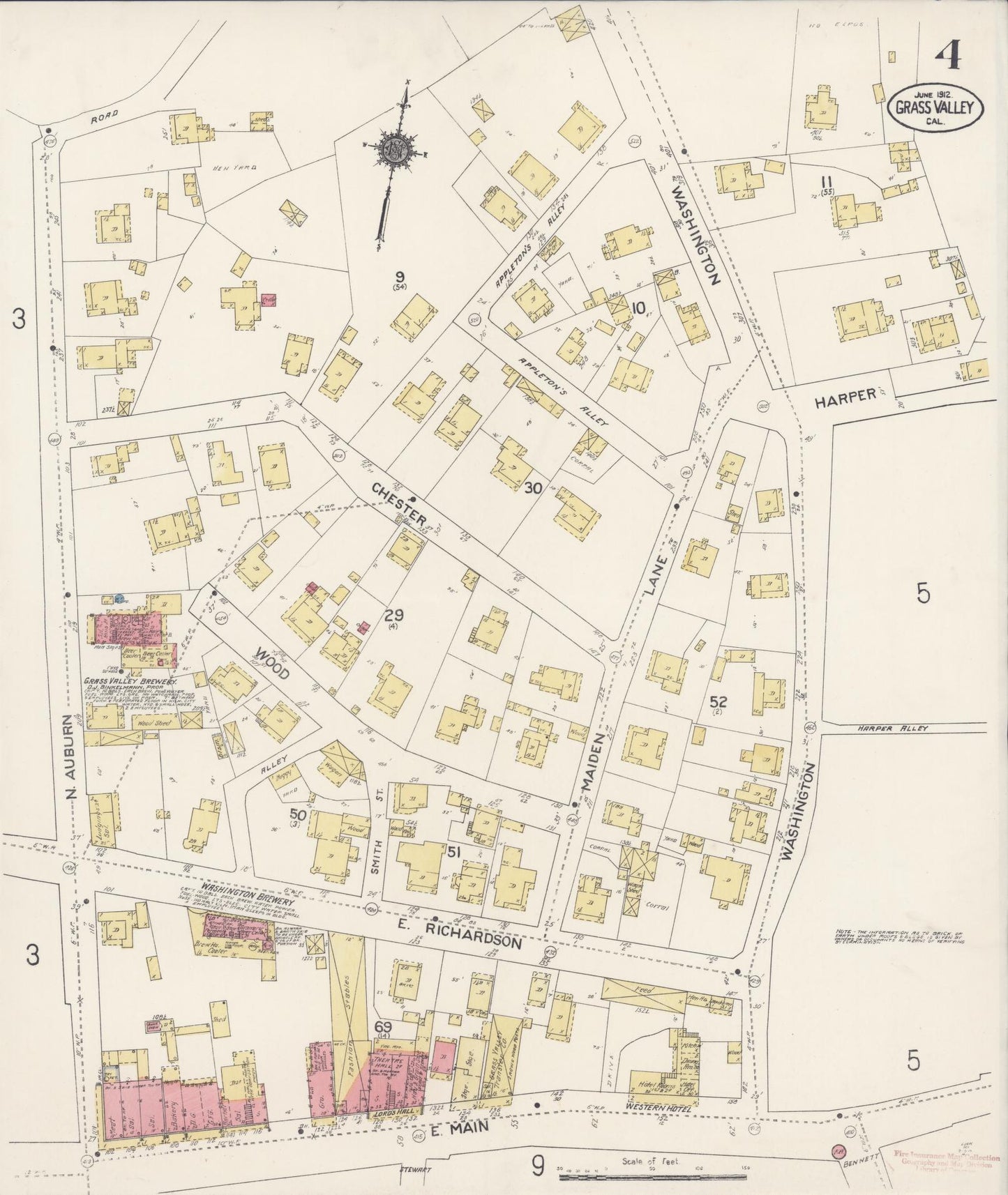 Sanborn Fire Insurance Map from Grass Valley, Nevada County, California (1912), Sheet #0004 - Historic Sanborn Fire Insurance Map Print, vintage old map wall art, antique decor, genealogy gift, California California map