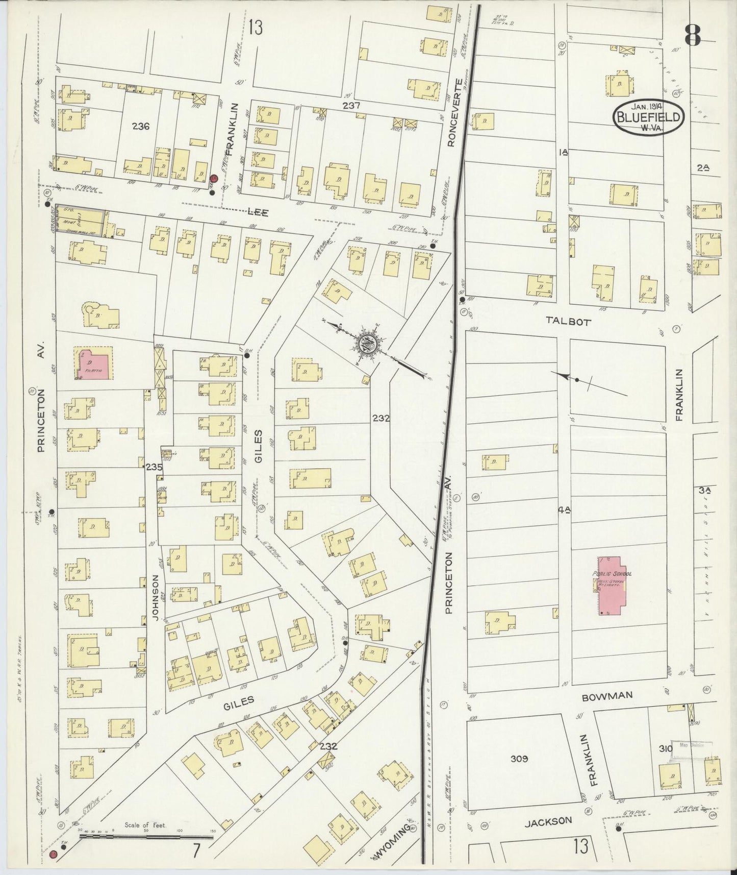 Sanborn Fire Insurance Map from Bluefield, Mercer County, West Virginia (1914), Sheet #0008 - Historic Sanborn Fire Insurance Map Print, vintage old map wall art, antique decor, genealogy gift, West Virginia West Virginia map