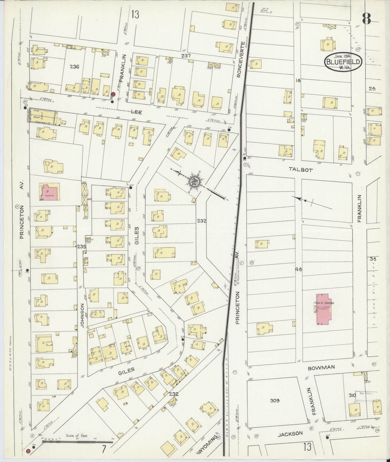Sanborn Fire Insurance Map from Bluefield, Mercer County, West Virginia (1914), Sheet #0008 - Historic Sanborn Fire Insurance Map Print, vintage old map wall art, antique decor, genealogy gift, West Virginia West Virginia map