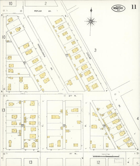 Sanborn Fire Insurance Map from Wenatchee, Chelan County, Washington (1909), Sheet #0011 - Historic Sanborn Fire Insurance Map Print, vintage old map wall art, antique decor, genealogy gift, Washington Washington map