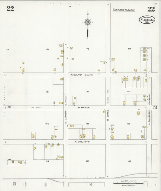 Sanborn Fire Insurance Map from Florence, Florence County, South Carolina (1924), Sheet #0022 - Historic Sanborn Fire Insurance Map Print, vintage old map wall art, antique decor, genealogy gift, South Carolina South Carolina map