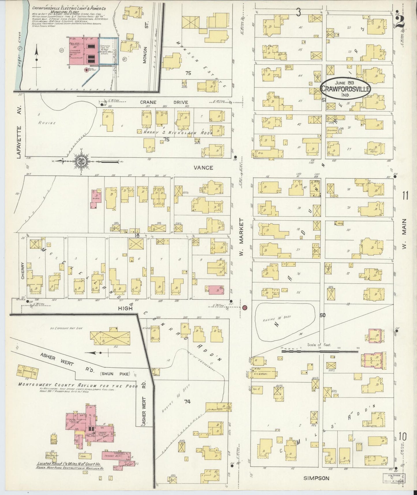 Sanborn Fire Insurance Map from Crawfordsville, Montgomery County, Indiana (1913), Sheet #0002 - Complete Map Set gallery image, historic Sanborn map, vintage wall art, Indiana Indiana