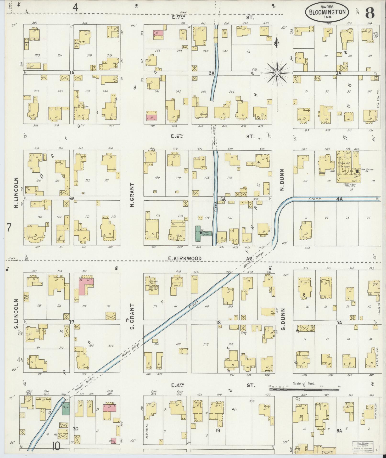 Sanborn Fire Insurance Map from Bloomington, Monroe County, Indiana (1898), Sheet #0008 - Complete Map Set gallery image, historic Sanborn map, vintage wall art, Indiana Indiana