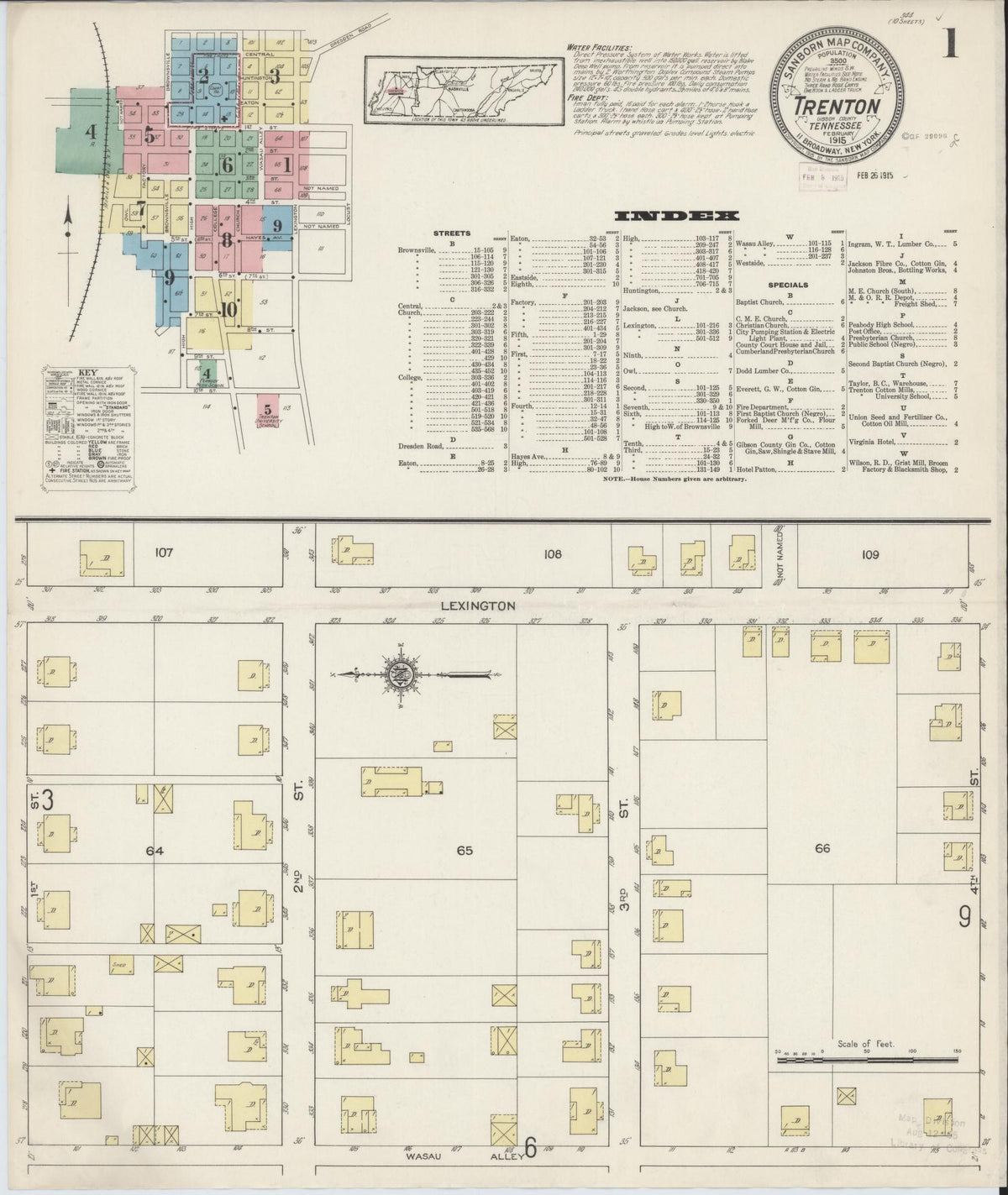 Sanborn Fire Insurance Map from Trenton, Gibson County, Tennessee (1915), Sheet #0001 - Complete Map Set gallery image, historic Sanborn map, vintage wall art, Tennessee Tennessee