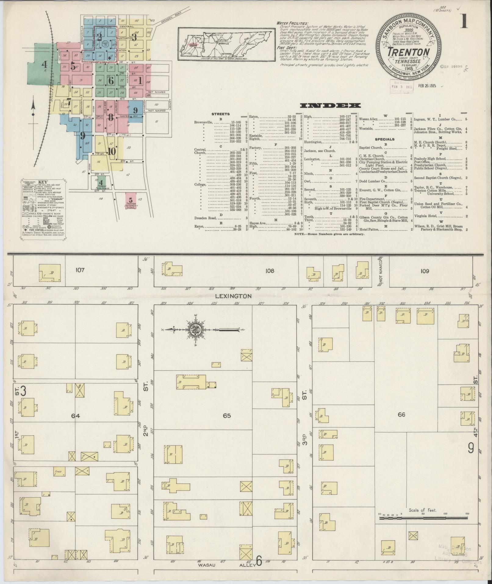 Sanborn Fire Insurance Map from Trenton, Gibson County, Tennessee (1915), Sheet #0001 - Complete Map Set gallery image, historic Sanborn map, vintage wall art, Tennessee Tennessee