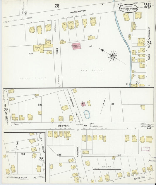 Sanborn Fire Insurance Map from Morristown, Morris County, New Jersey (1909), Sheet #0026 - Historic Sanborn Fire Insurance Map Print, vintage old map wall art, antique decor, genealogy gift, New Jersey New Jersey map