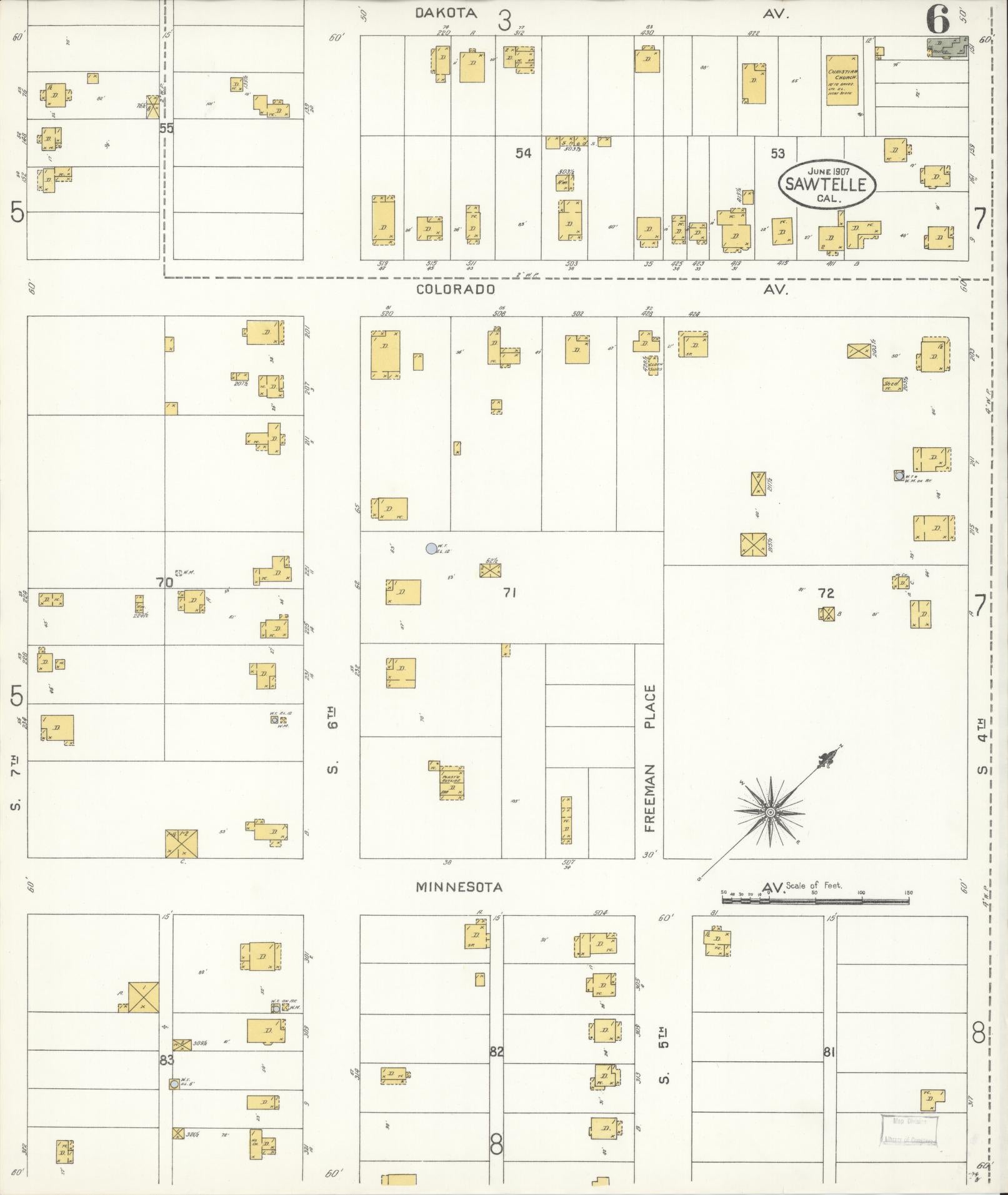 Sanborn Fire Insurance Map from Sawtelle, Los Angeles County, California (1907), Sheet #0006 - Complete Map Set gallery image, historic Sanborn map, vintage wall art, California California
